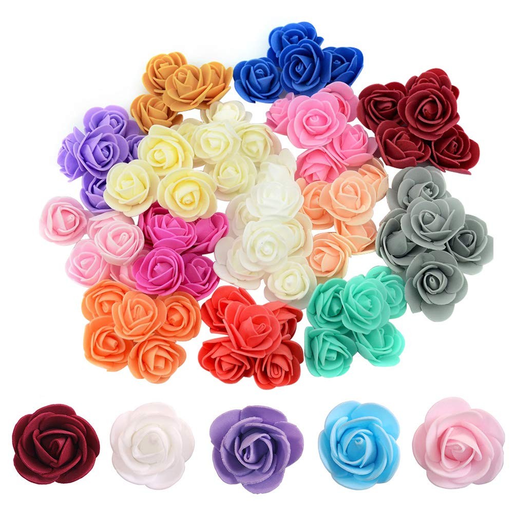 100 Pcs 1.3 Inch Mini Artificial Rose Flowers Mix Color PE Foam Fake Rose Hea…