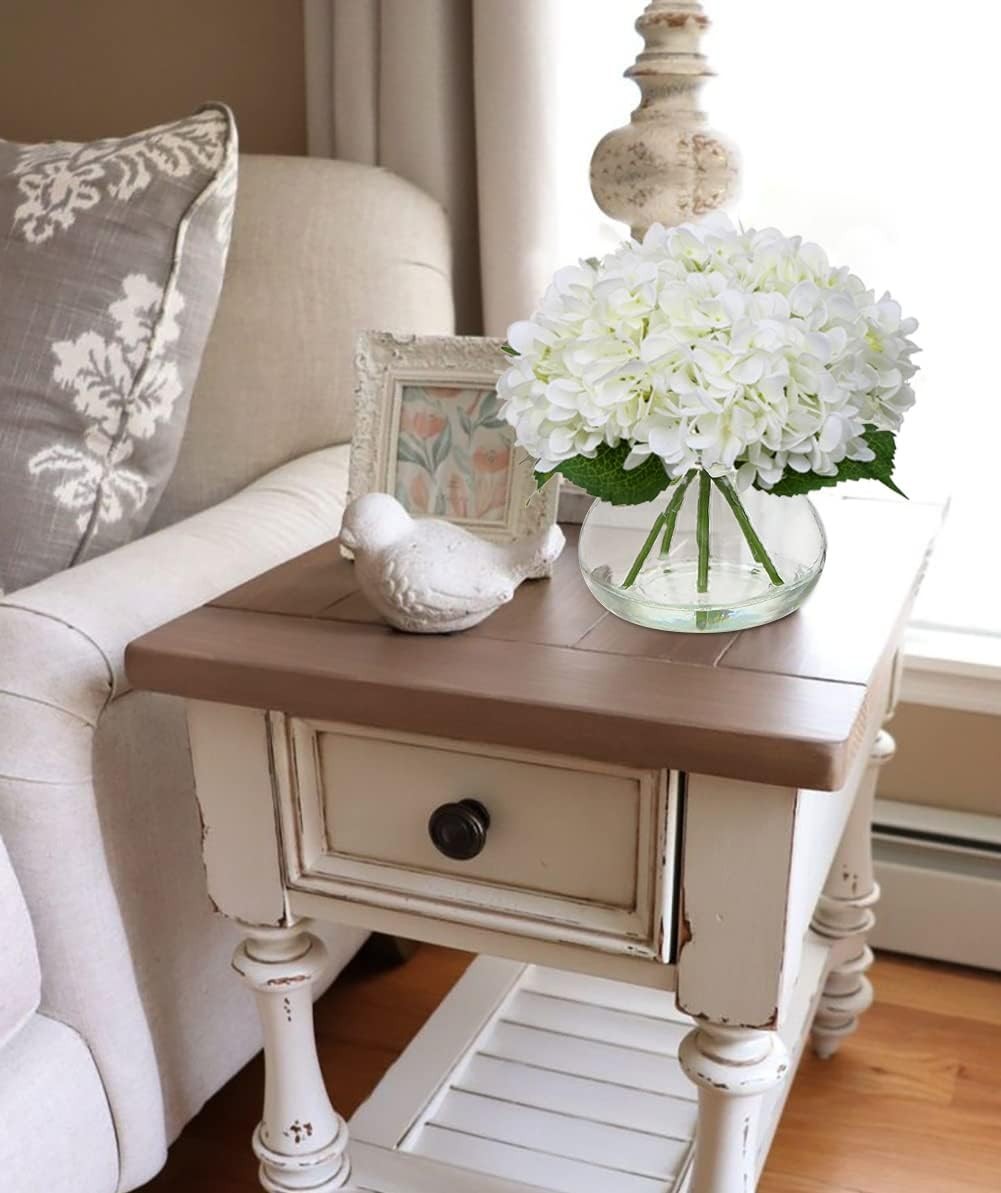 Stylish Artificial Hydrangea Flowers with Faux Water in Elegant Glass Vase – 9″
