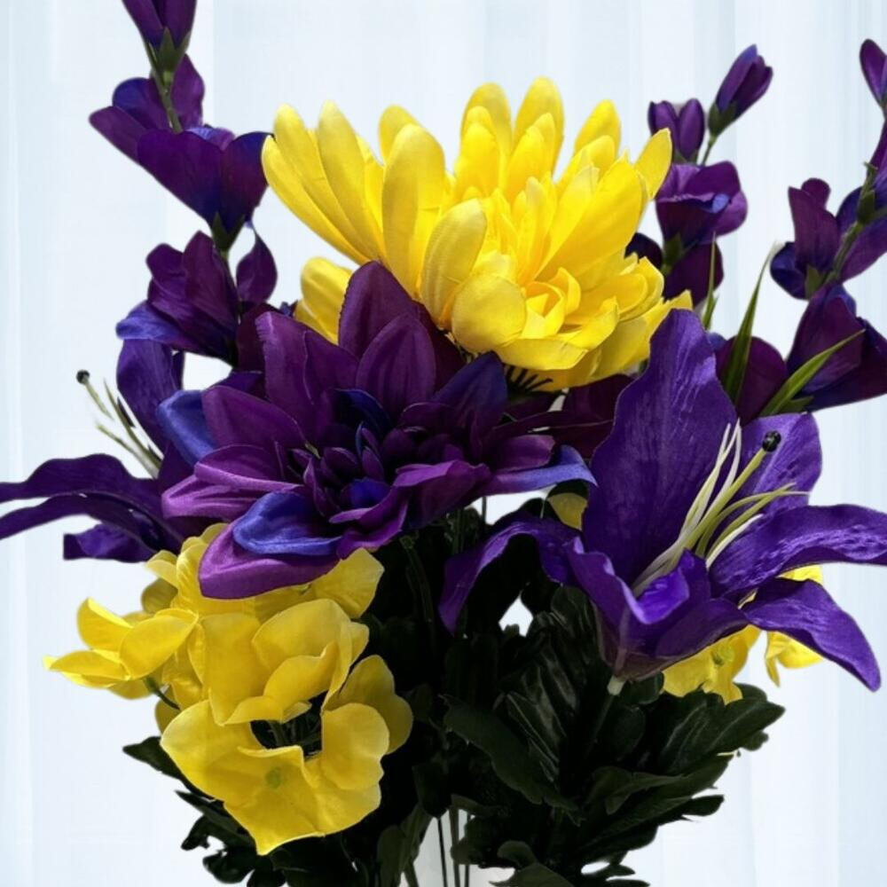 23″ Artificial Purple & Yellow Mum, Lily & Hydrangea Floral Bush