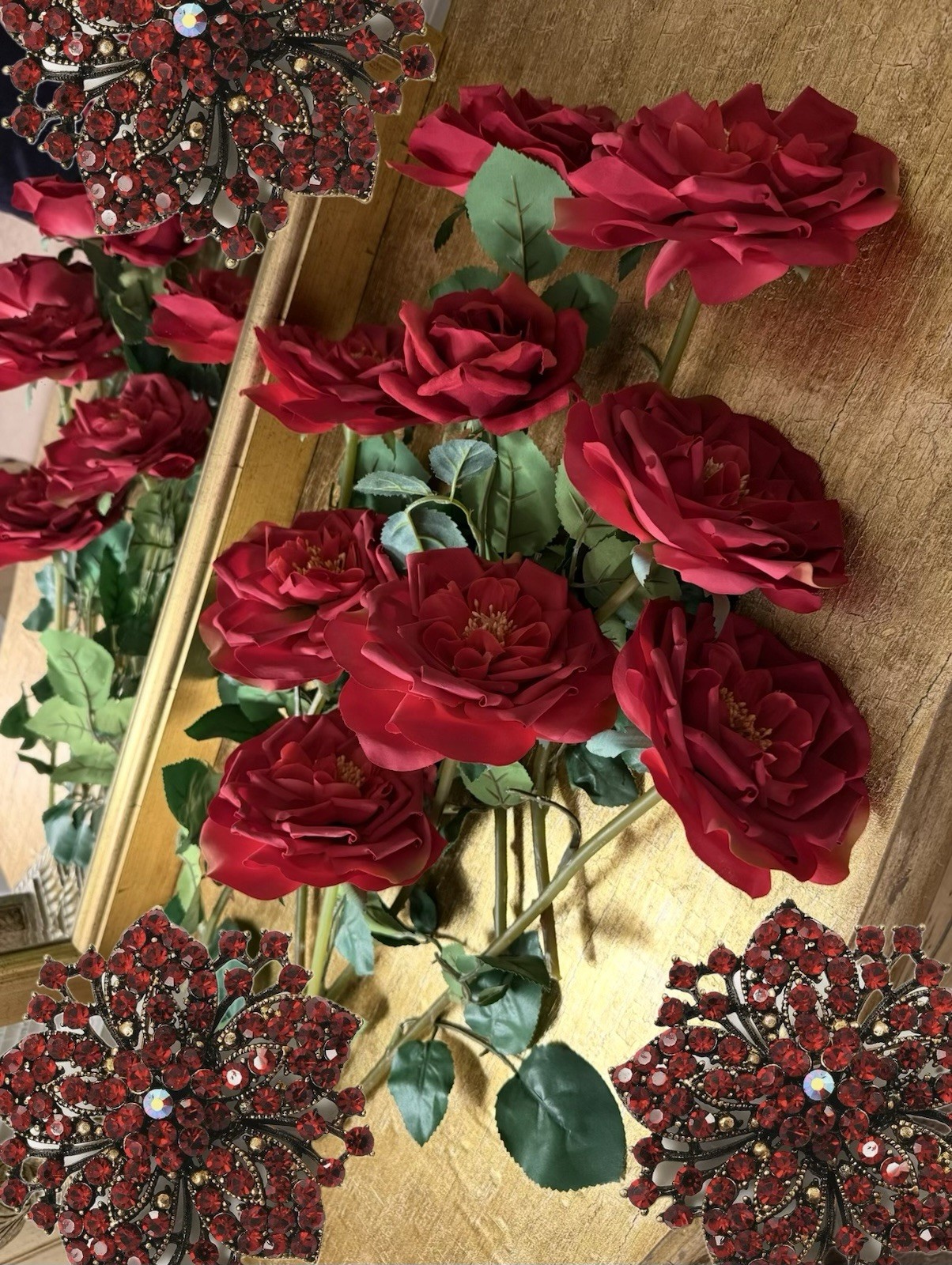 VTG French Victorian Gothic Artificial Fake Faux Red Thorned Roses Branch 9Stems