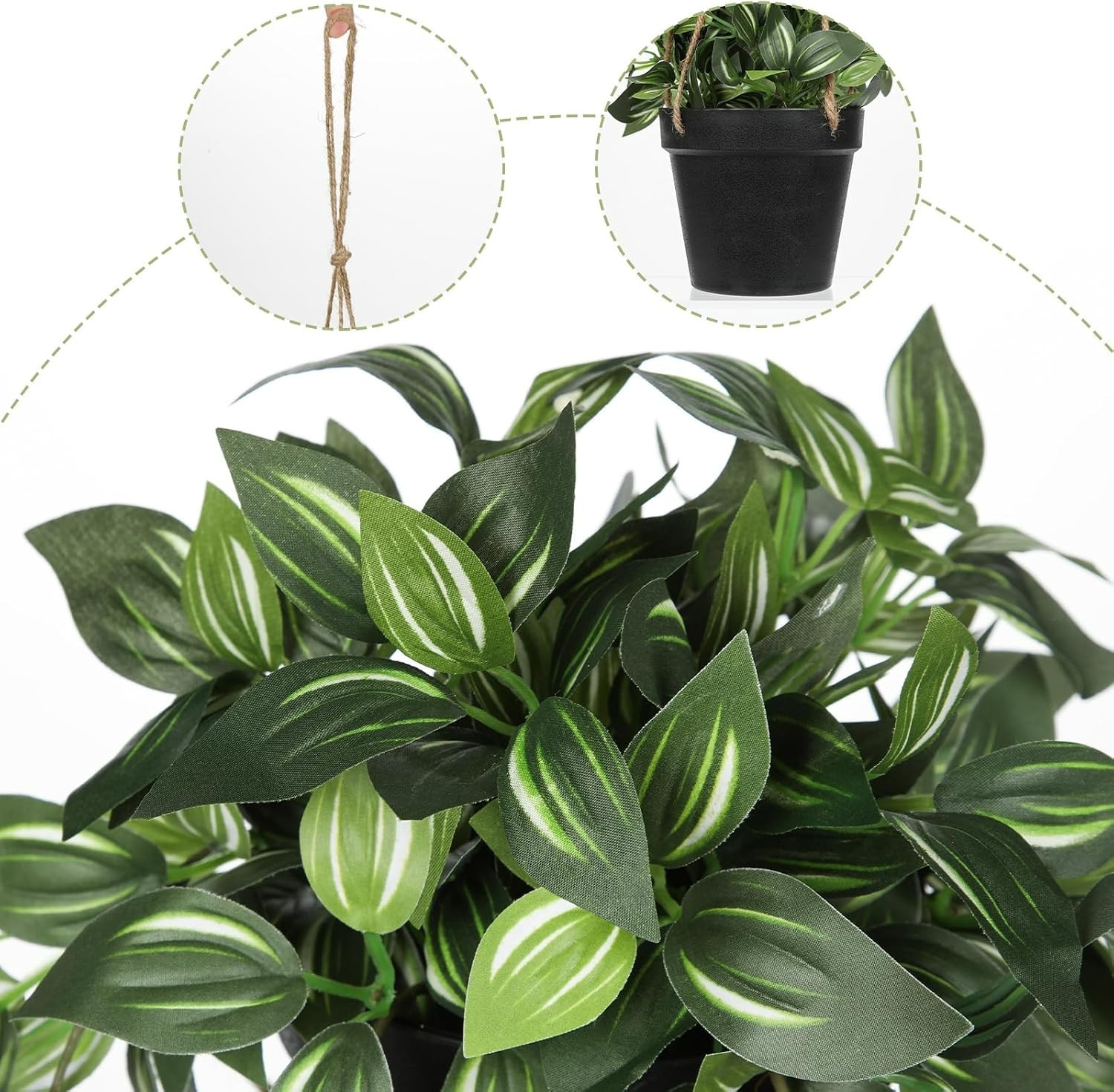 Lifelike 17.7″ Faux Watermelon Peperomia Hanging Plant in Black Pot – No Upkeep