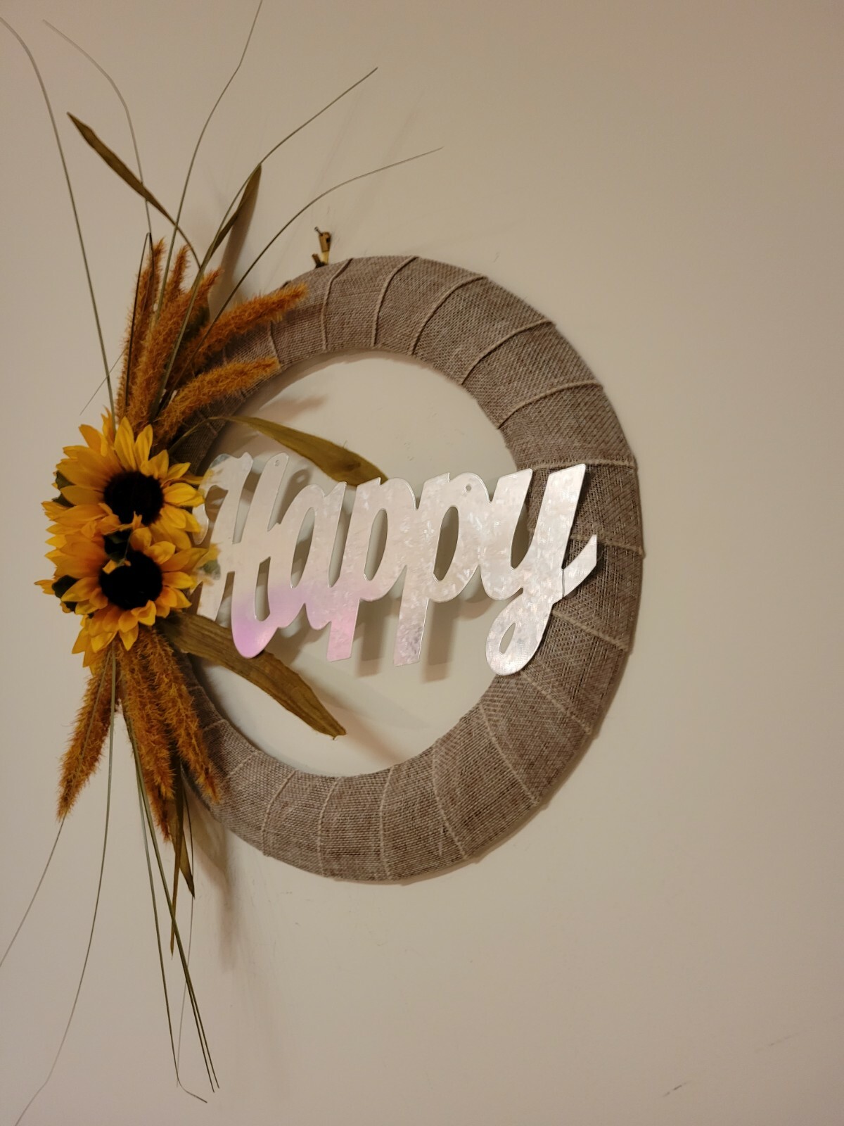 HAPPY Sunflower Foxtail burlap WREATH FALL autumn Decor Front Door 15″ orange