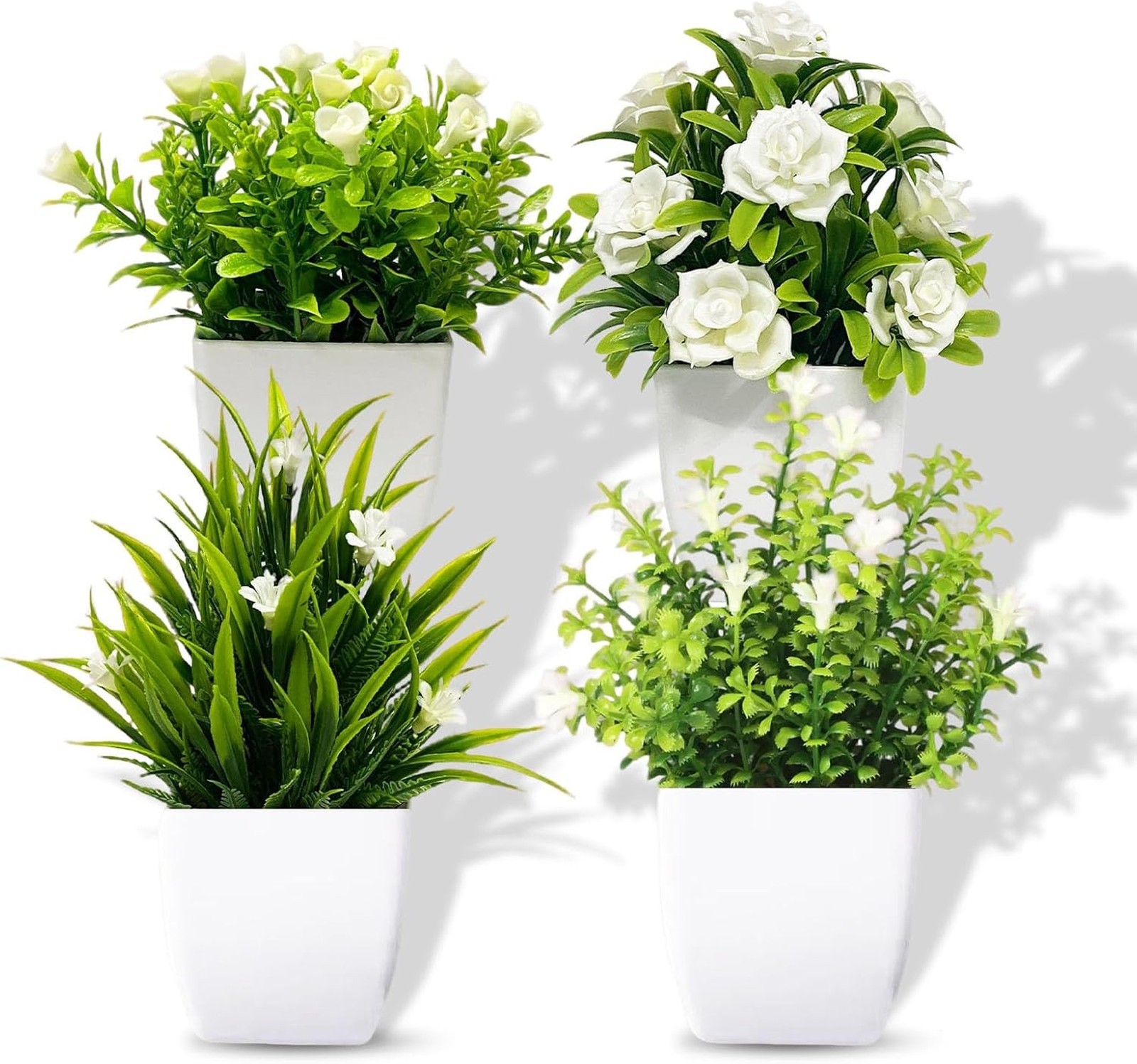 Artificial Potted Plants Set of 4 Small Faux Flowers for Home Office Bathroom