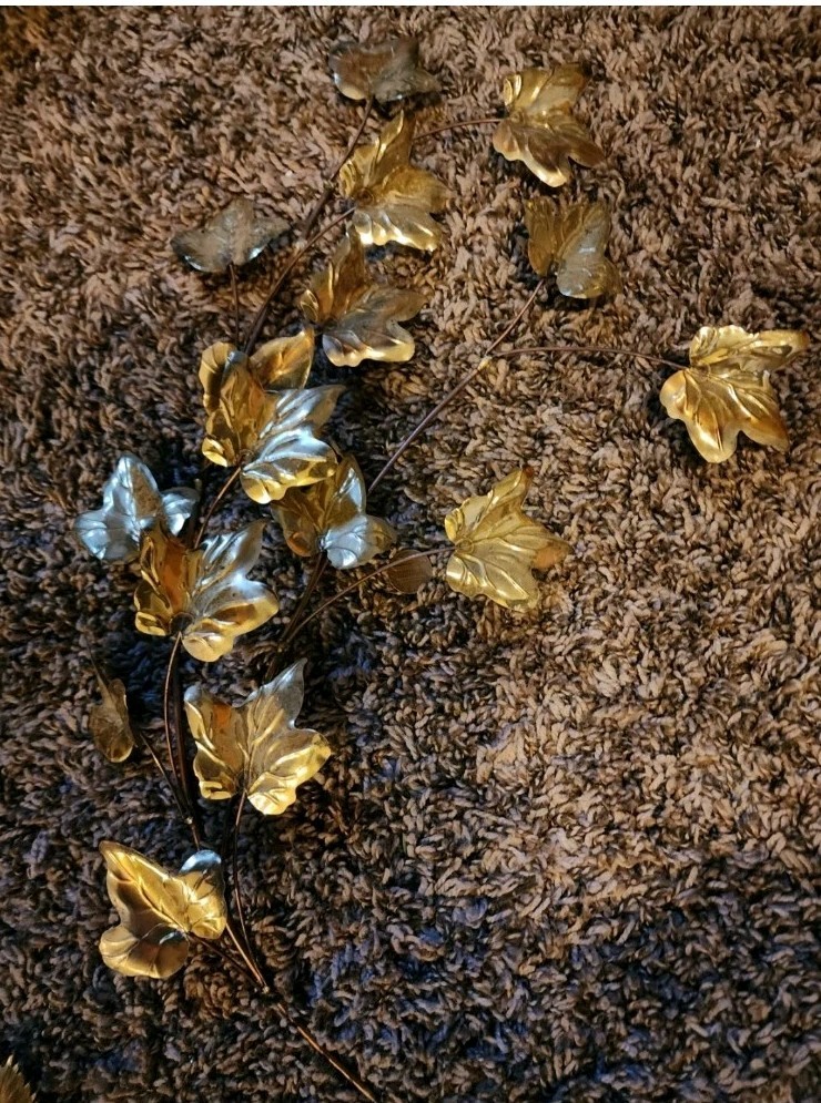 Vintage 3 Piece Set Of Brass Leaf And Copper Rose Long Stem 14″ Floral Wall Art