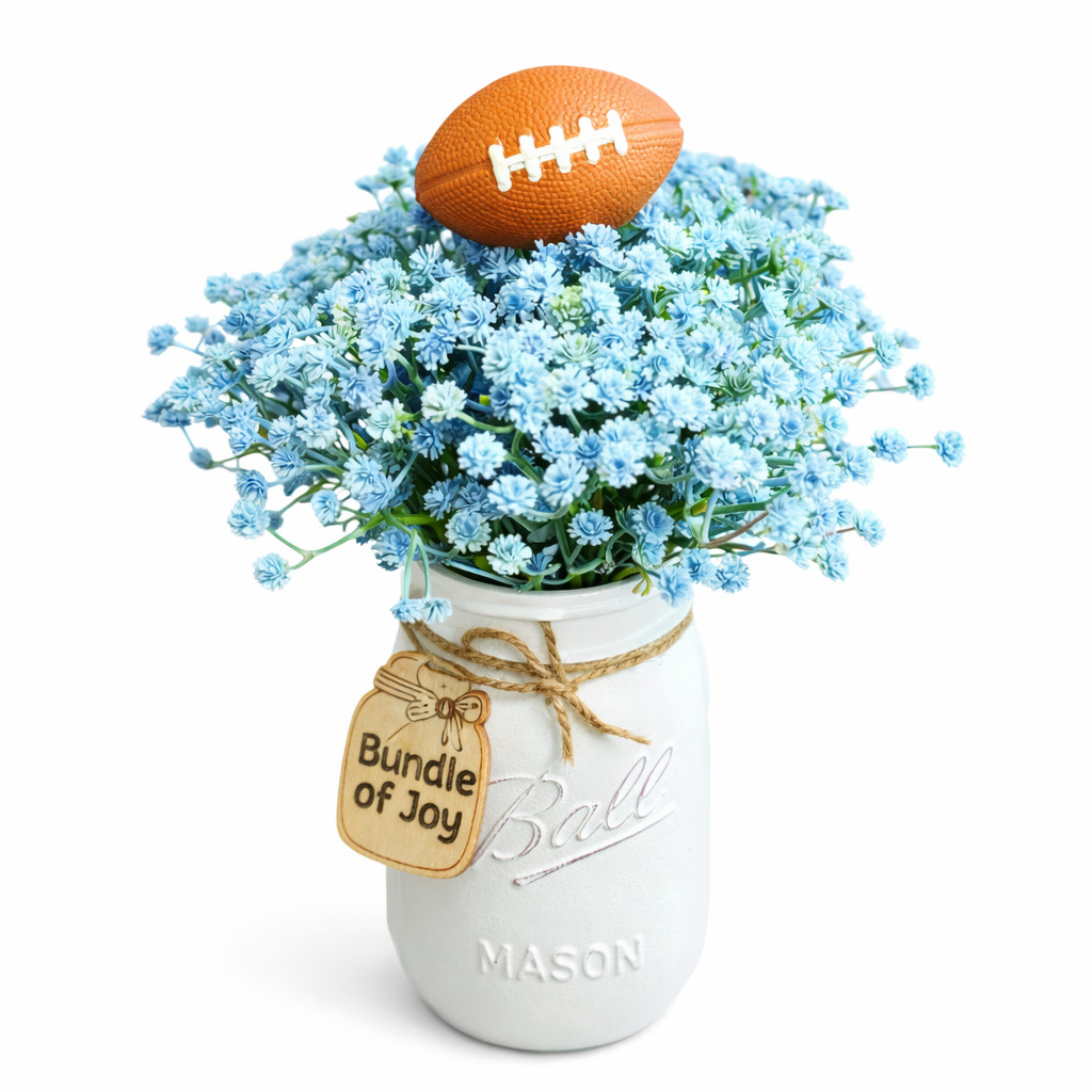 Blue Billy Button Mason Jar Arrangement Baby Shower Centerpiece Nursery Decor