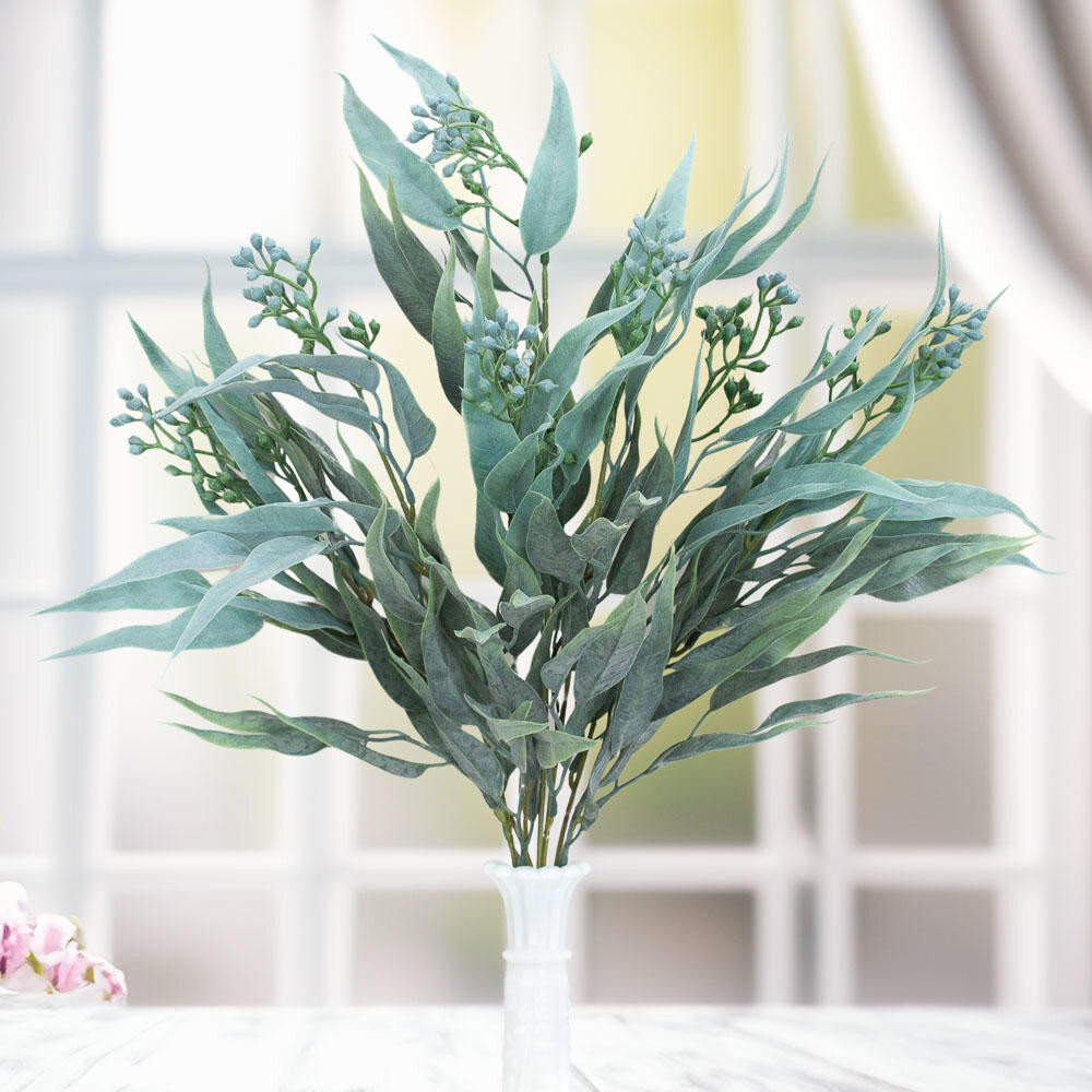 2 Artificial Dusty Blue Green Seeded Eucalyptus 14″ Indoor / Outdoor Bushes