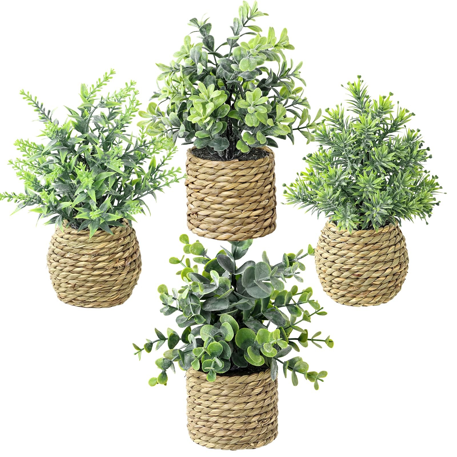 Small Fake Plants, 4 Pack Artificial Plants in Handwoven Seagrass Baskets