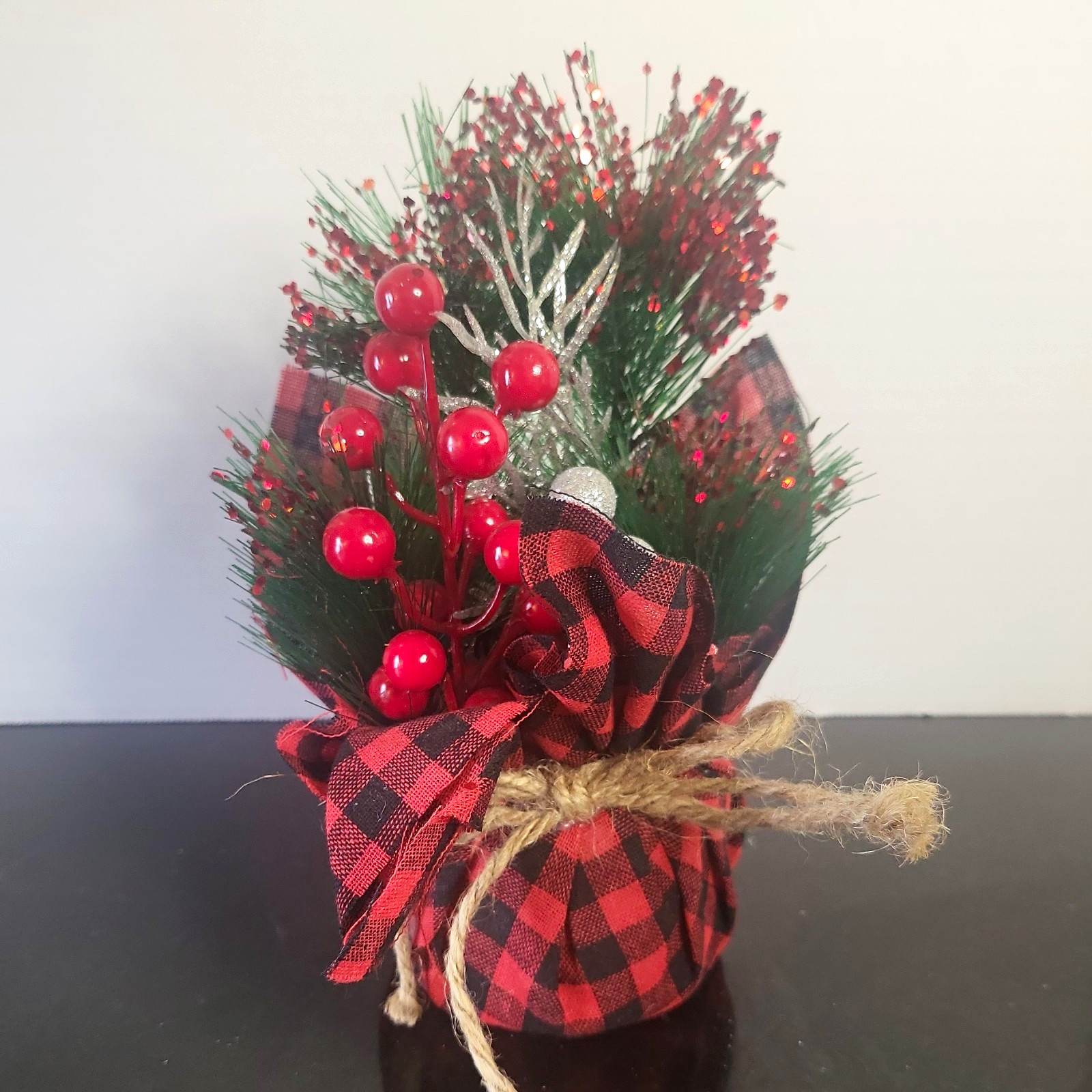 Artificial Christmas Pine & Berry Arrangement Centerpiece w/ Buffalo Plaid Wrap