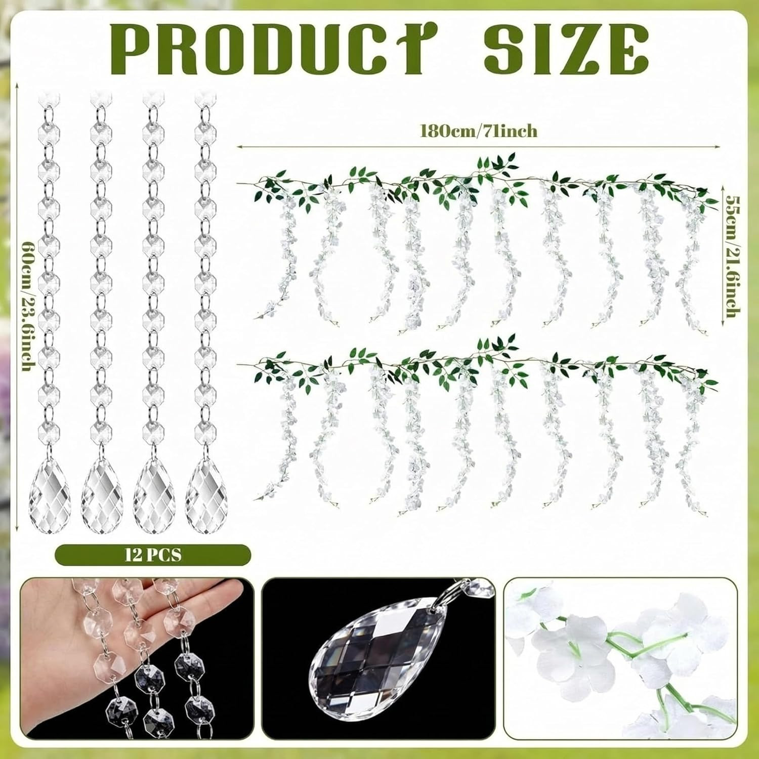 16 Pcs Wisteria Artificial Flowers Garland and Crystal Garland Set 4 Pcs Total 7