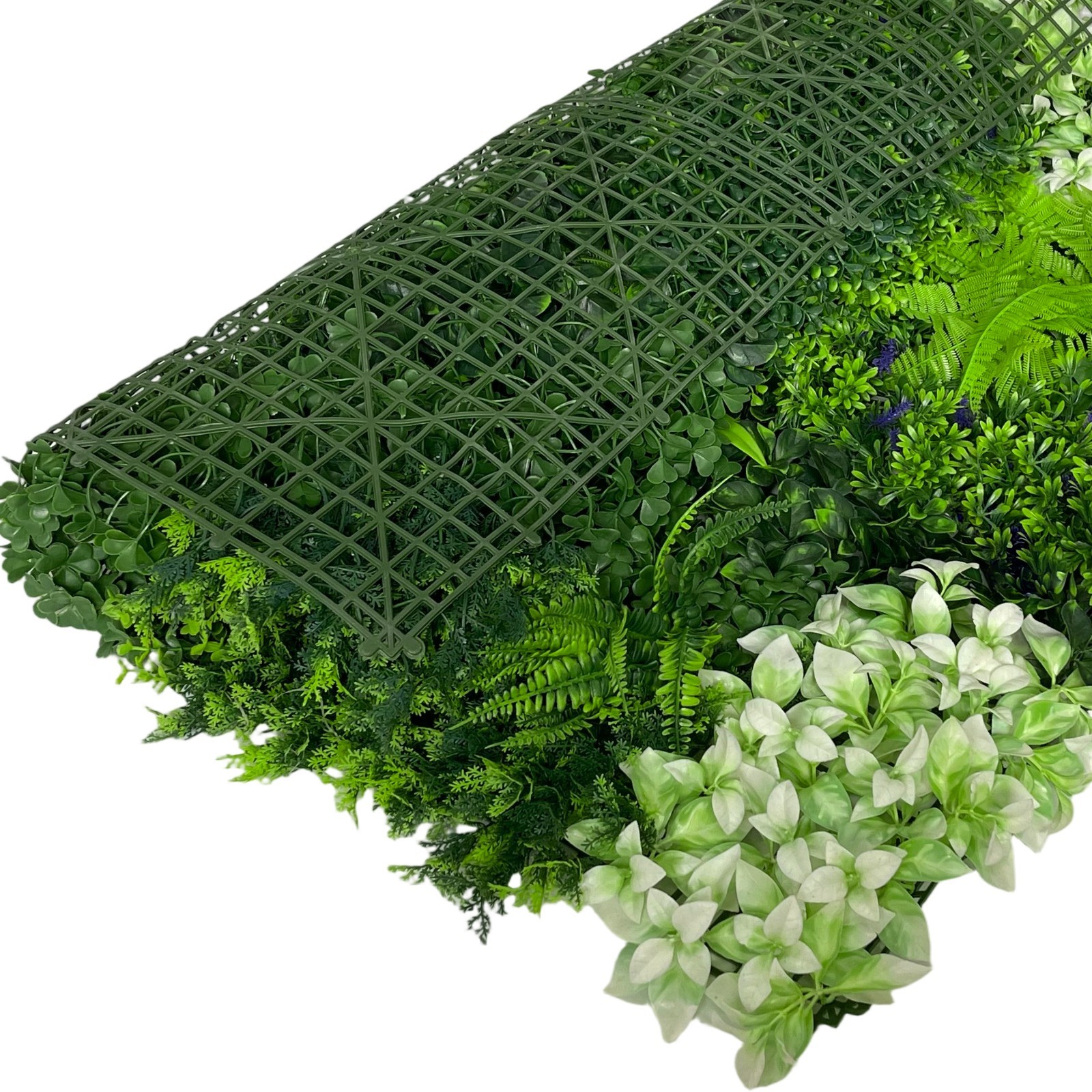 1x1mt Vertical, Green Wall, With Blue and White Flowers, Artificial Plants