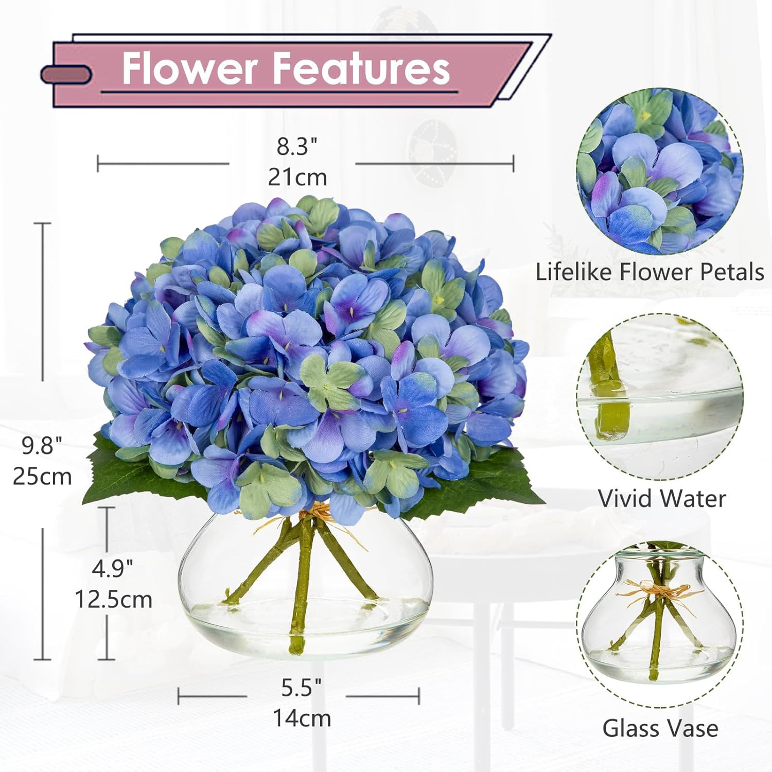 Hydrangea Artificial Flowers with Glass Vase Blue-Green Silk Faux Flowers Arrang