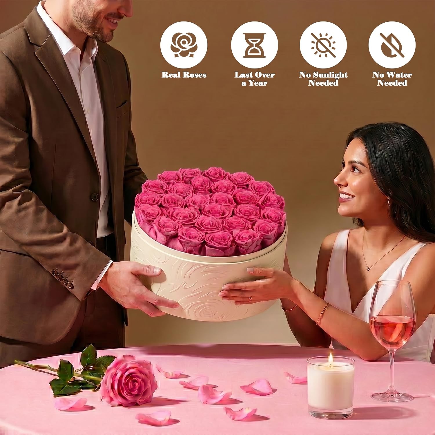 Preserved Roses in Box Forever Flowers Gift Pink White Round Box Preserved