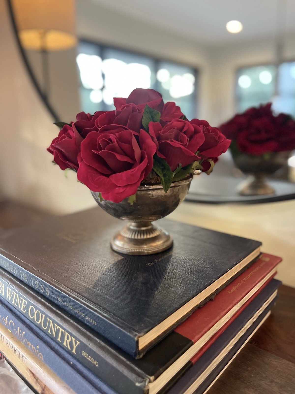 Faux Red Rose Small Arrangement In Aged Silver Pedestal Urn