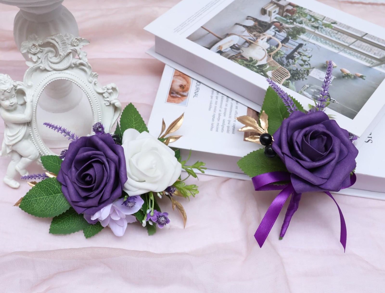 2Pcs Dark Purple Corsage and Boutonniere Set,Artificial Foam Rose,Groom Bouto…