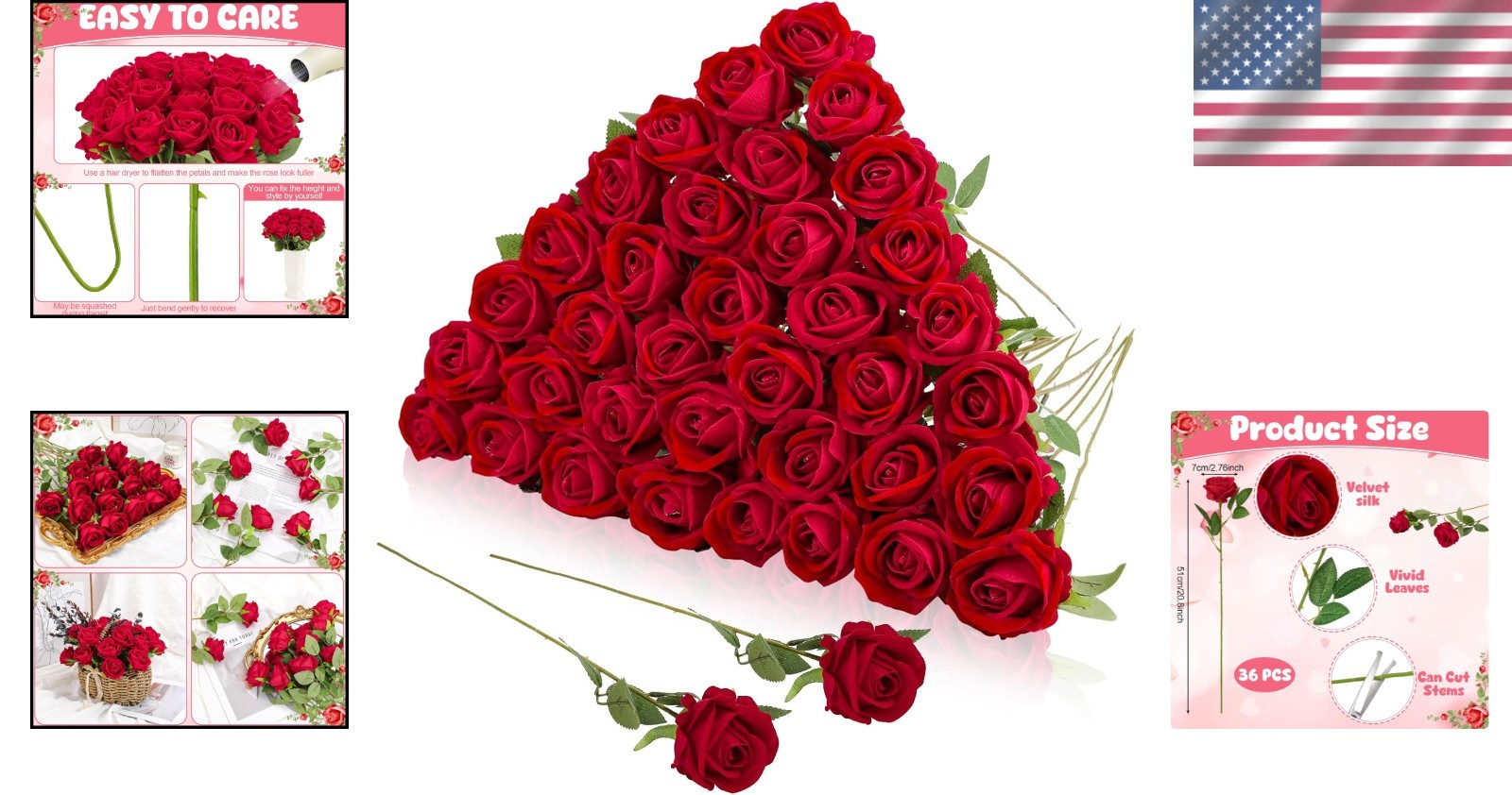 Realistic Red Rose Bouquet 36 Pcs Velvet Silk Flowers for Event Centerpieces