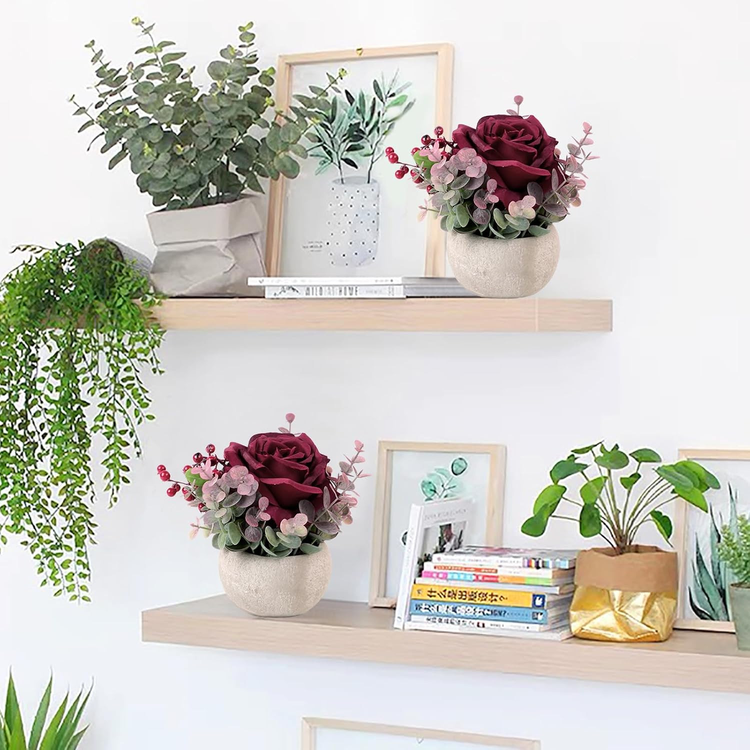 Faux Flowers in Pot, Burgundy Rose Artificial Flowers with Pot Small Potted Plan