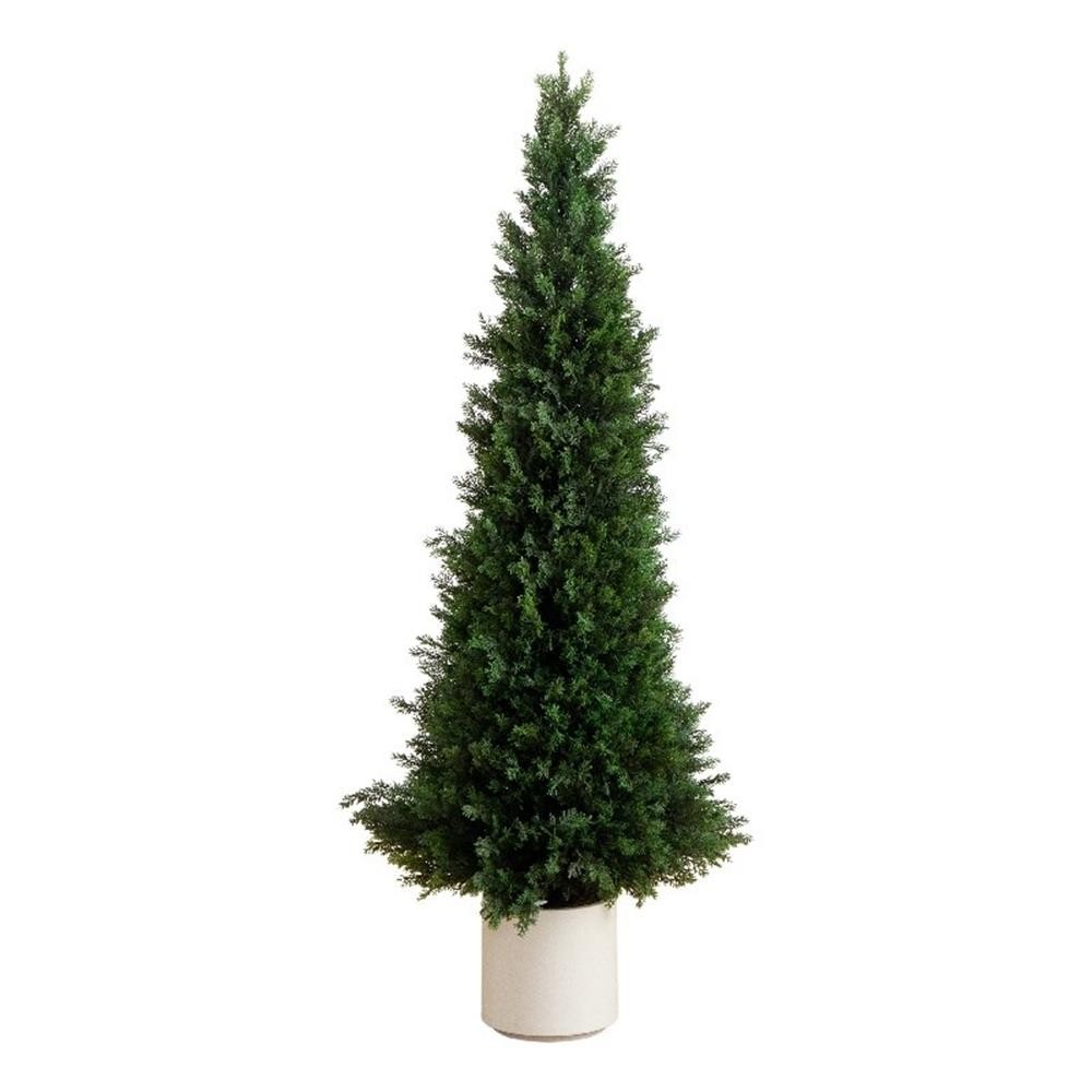Nearly Natural 5ft UV Resistant Cedar Tree in White Planter in Green