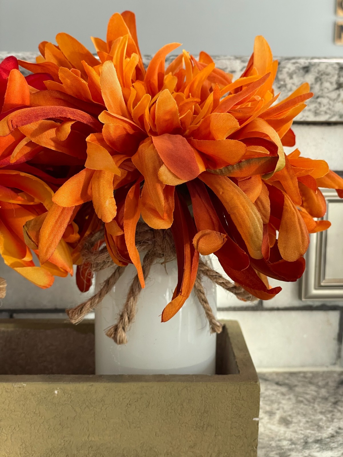 Fall Farmhouse Center Piece, Artificial Flowers, White Glass, Wood Box, 7″ x 12″