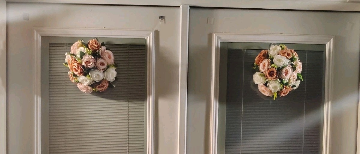 One Set of 2 Pink/White Floral Kitchen/Outside/Cabinet Wreaths 12″ W X 12″ L