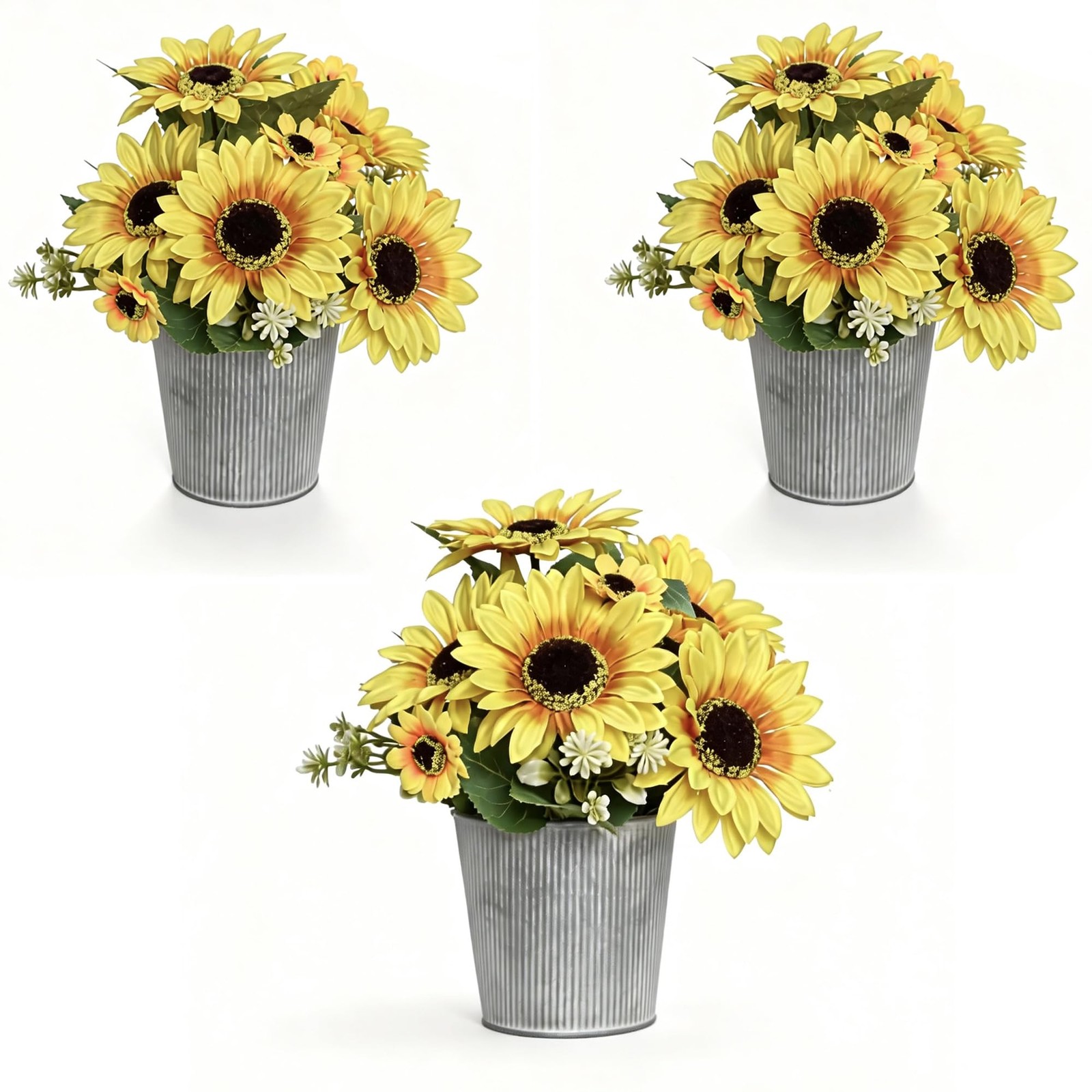 3-Pack Artificial Sunflower Arrangement in Galvanized Metal Pot, Faux Sunflow…