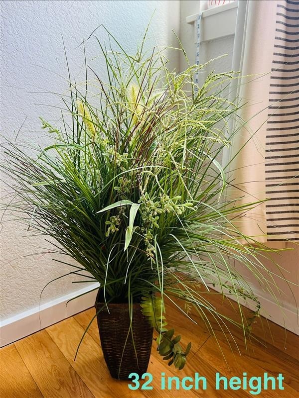 Large Artificial Flower Onion Grass Foxtail & Succulents in Woven Basket Pot