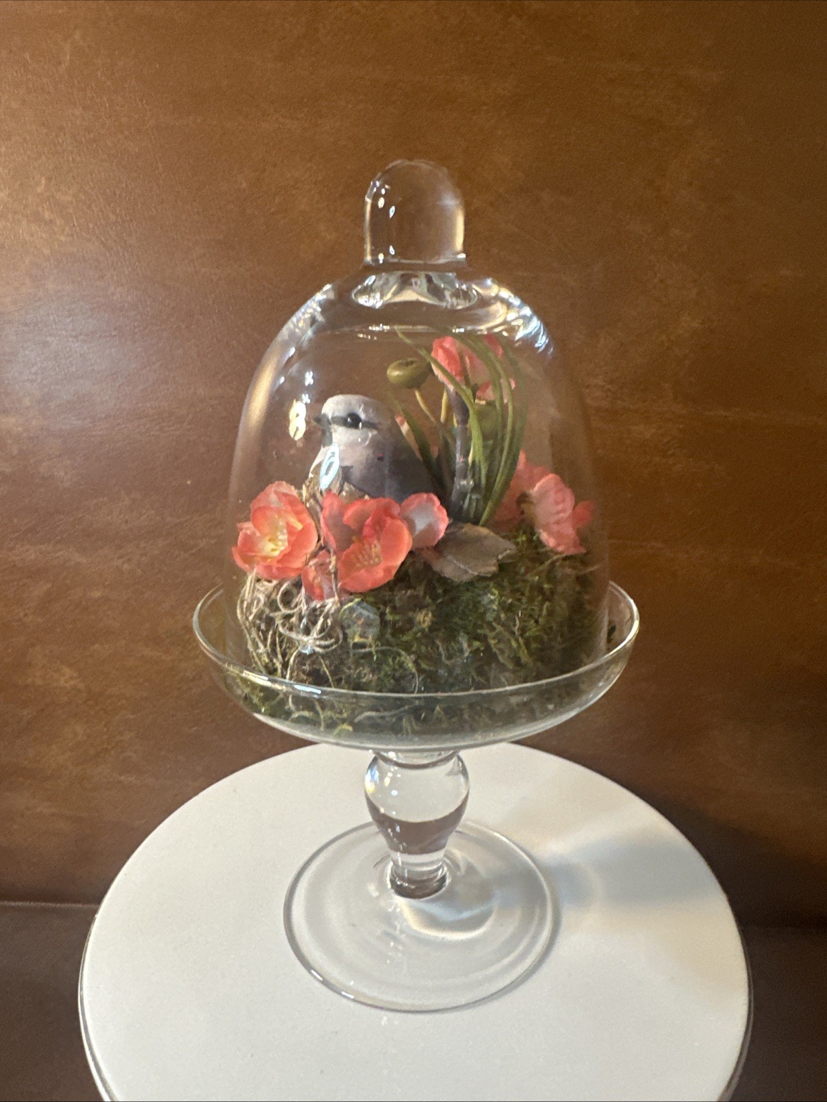 Artificial Vintage Floral Arrangement Glass Dome with Bird Nest, Pink 9”tall b