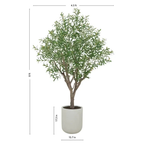 Life-like Faux 8′ Tall Olive Tree with Modern Cream Planter Indoor
