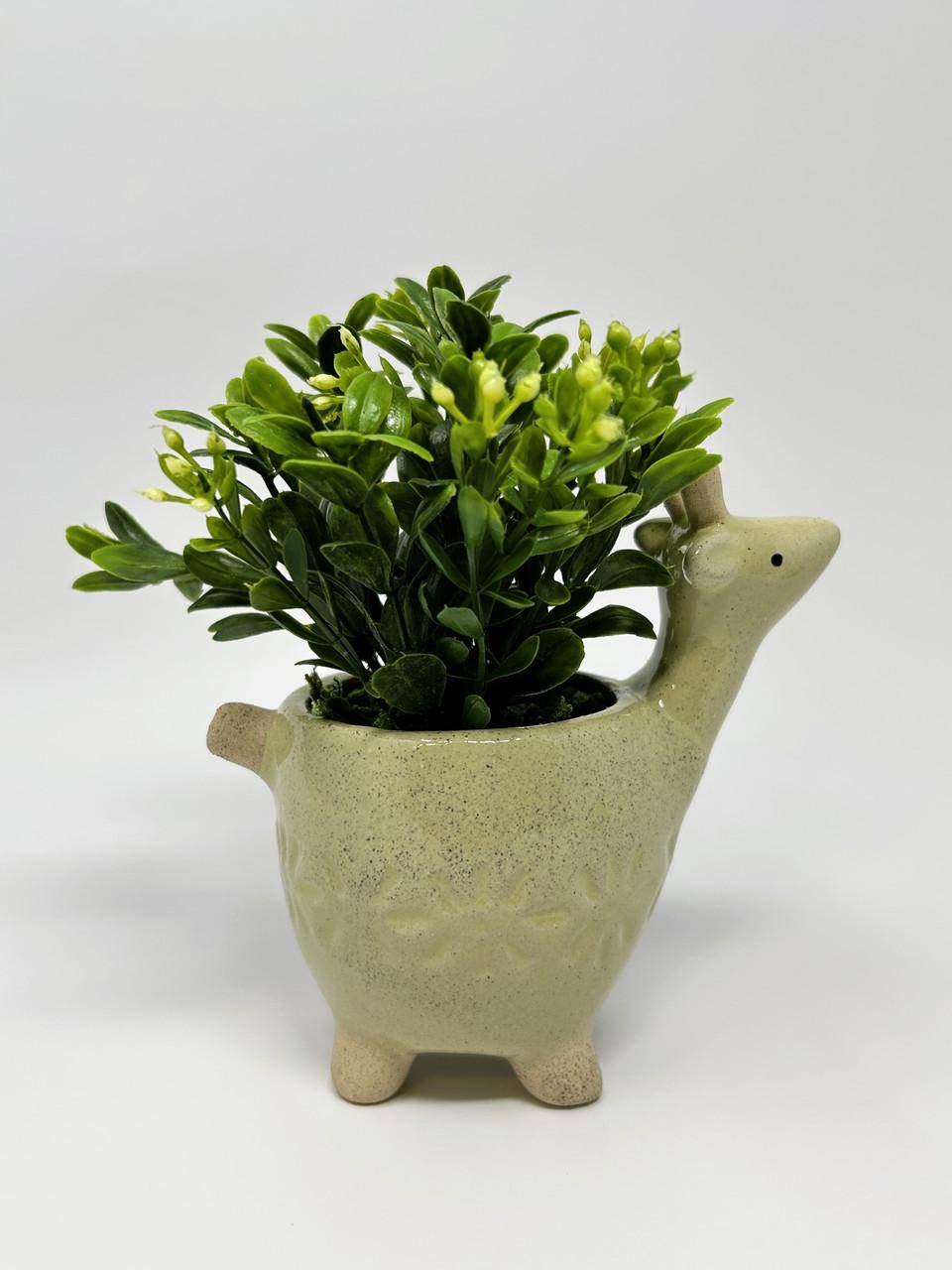 Mini 6″ Artificial Boxwood plastic plant potted in Ceramic DEER Giraffe Pot, han