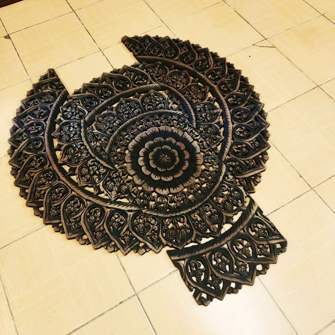 Round Floral Mandala Wood Carving Panel Black 90 cm, 3-Piece Set #B