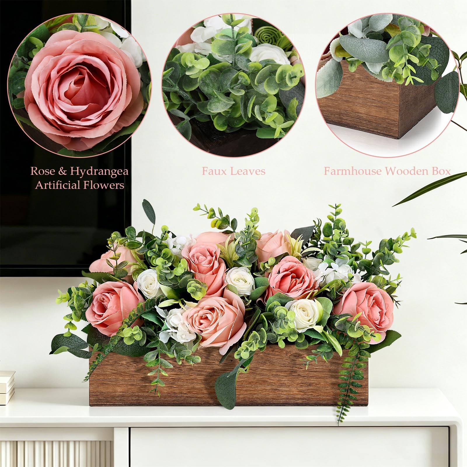Artificial Dusty Rose Pink Table Centerpieces Wood Tray White Cream Wedding