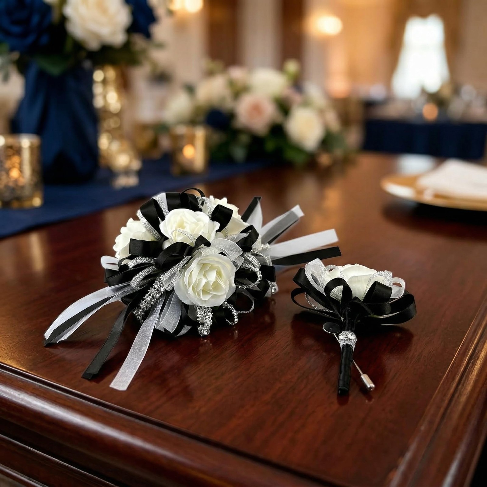 Rose Wedding Corsage Boutonniere Set Floral Suit Accessories Black & White