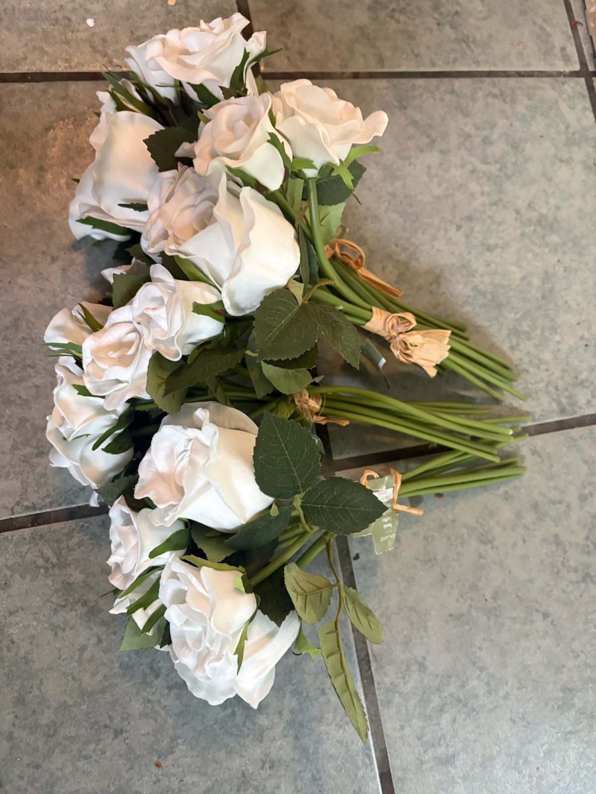 Lot of 4 Bouquets 13”Real Touch White Roses Wired Artificial Flowers Latex 34PC