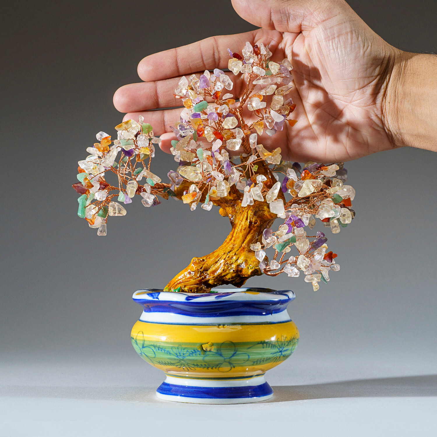 Genuine Multi Gemstone Bonsai Tree in Round Ceramic Pot (8.5”)