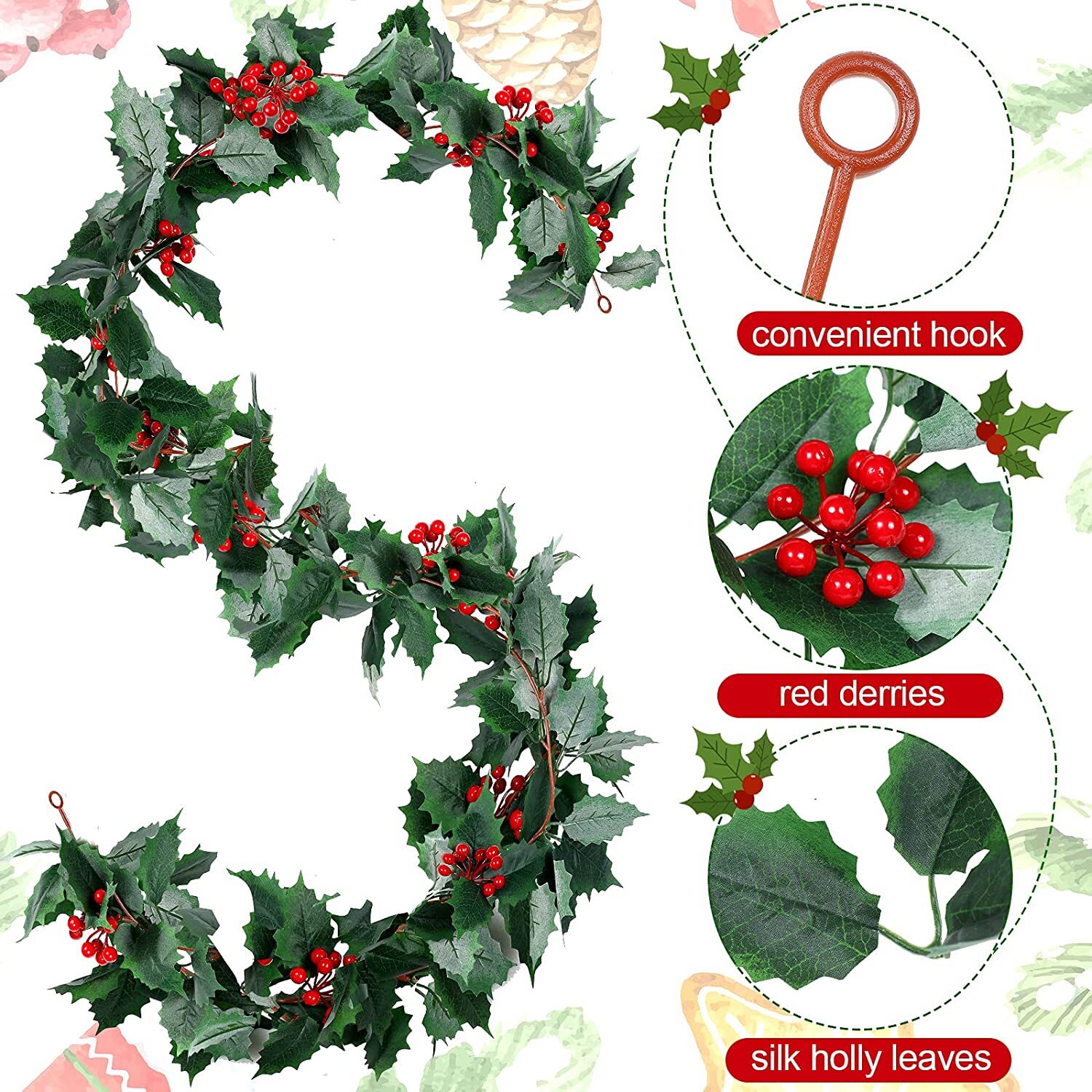 5.8Ft Christmas Red Berries & Holly Garland Foliage Xmas Fireplace Home Decor US