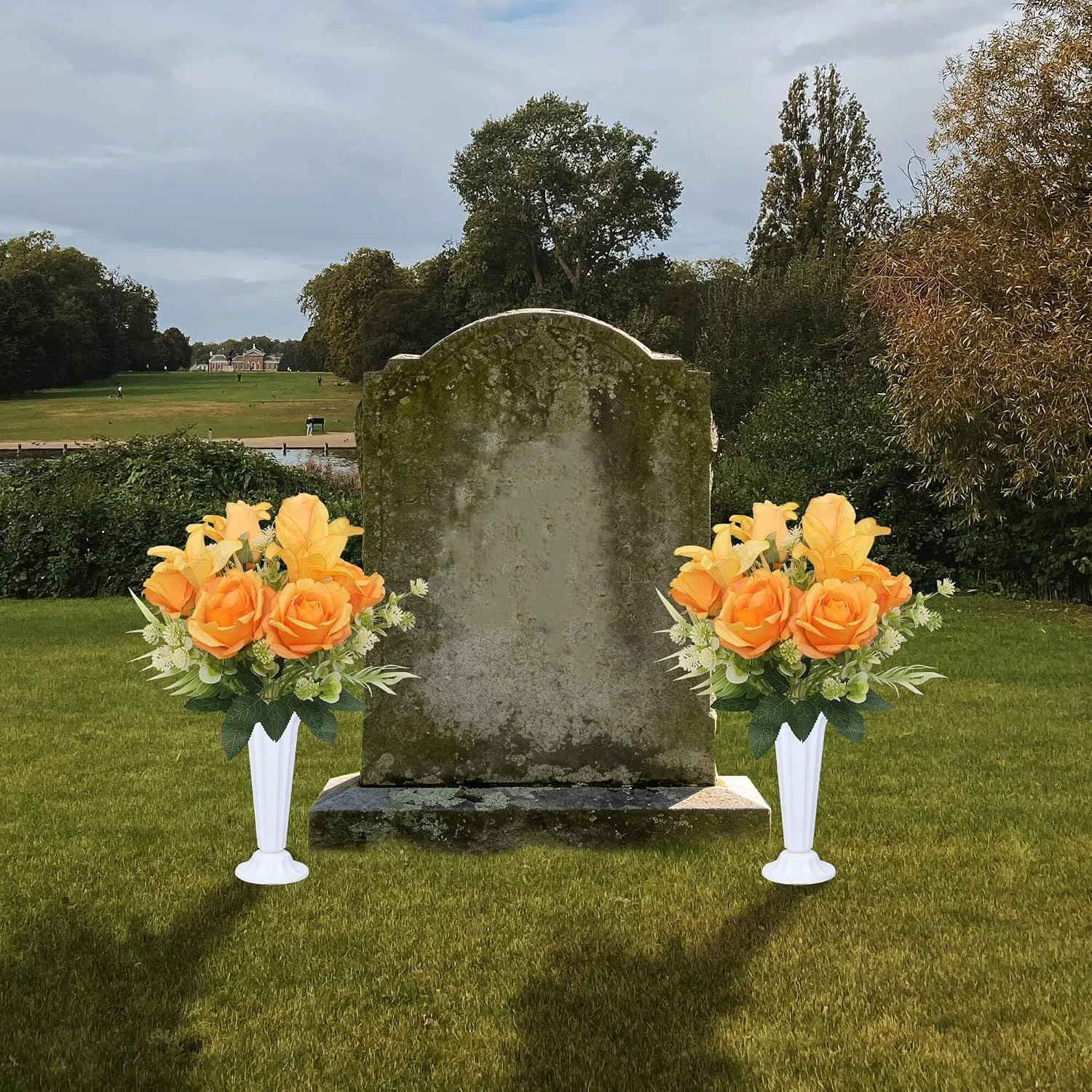 Artificial Cemetery Flowers with Vases Set of 2 Roses Lily Silks Bouquets Realis