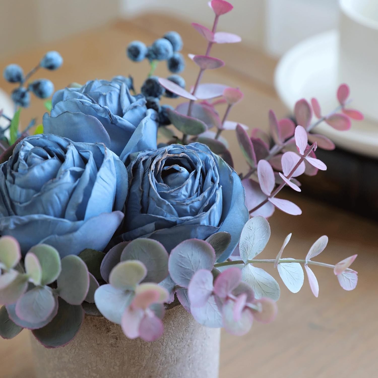 Small Artificial 2pcs Burnt Blue Rose Potted Plant, 6″ Fake Silk Flowers in 3…