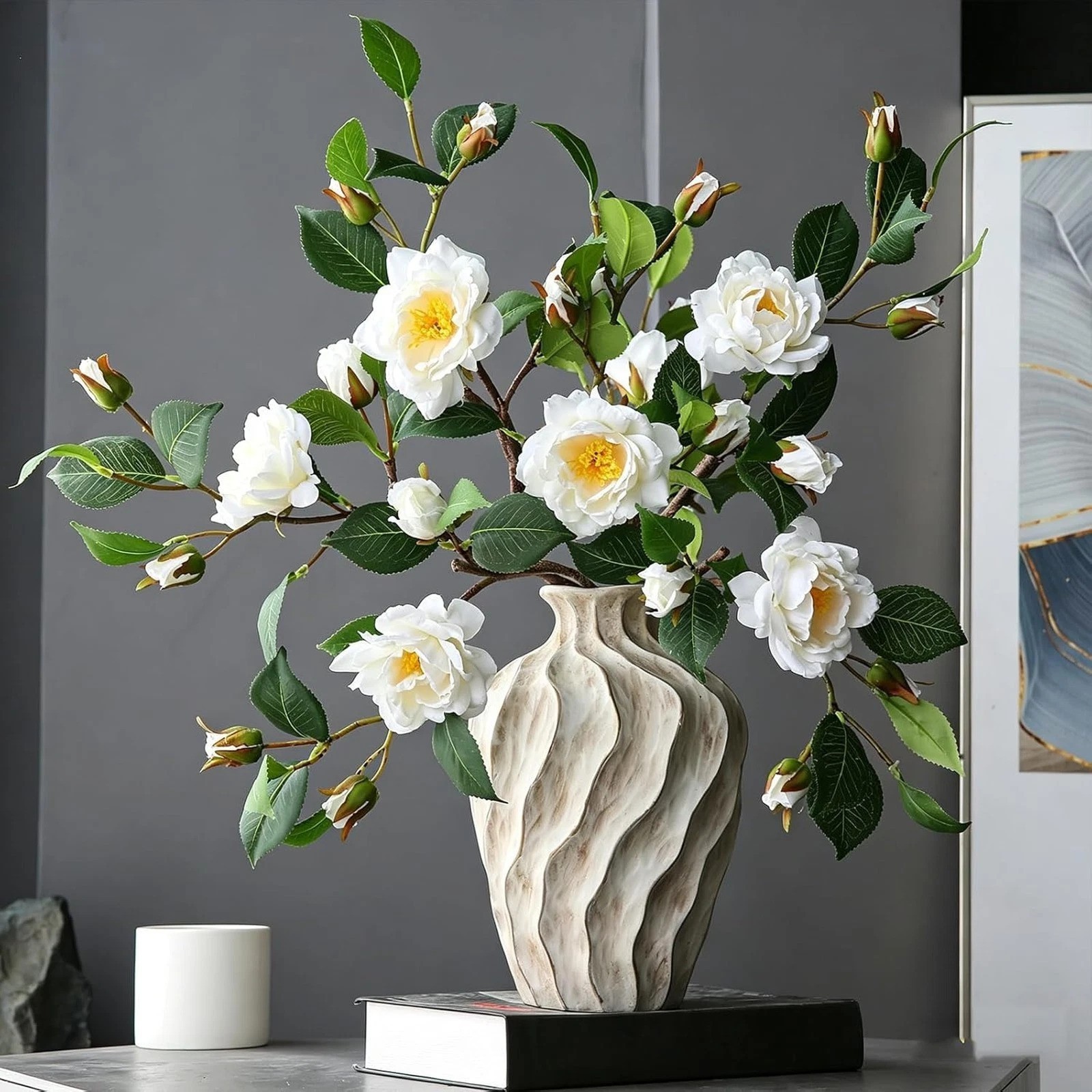 Artificial Camellia Flower Stems for Vase Decoration Faux Silk White Indoor