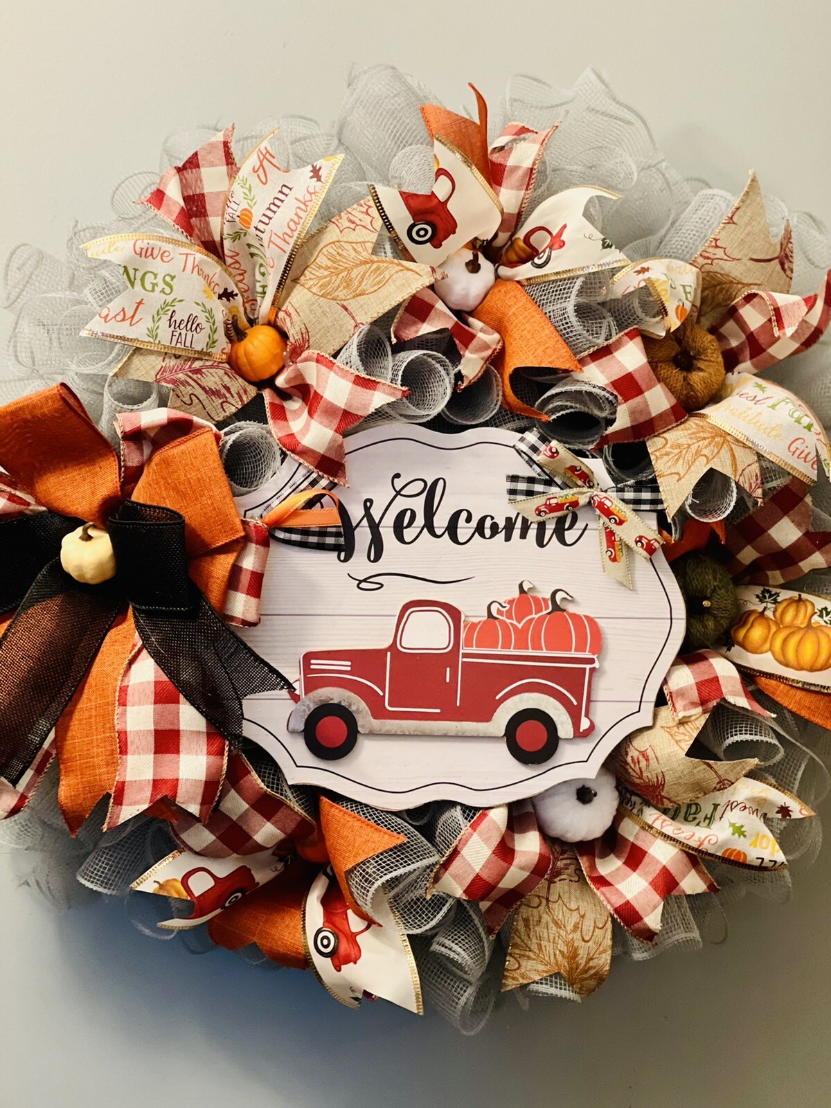 Fall Autumn All Occasion Red Truck Farmhouse Handmade Deco Mesh Door Wreath