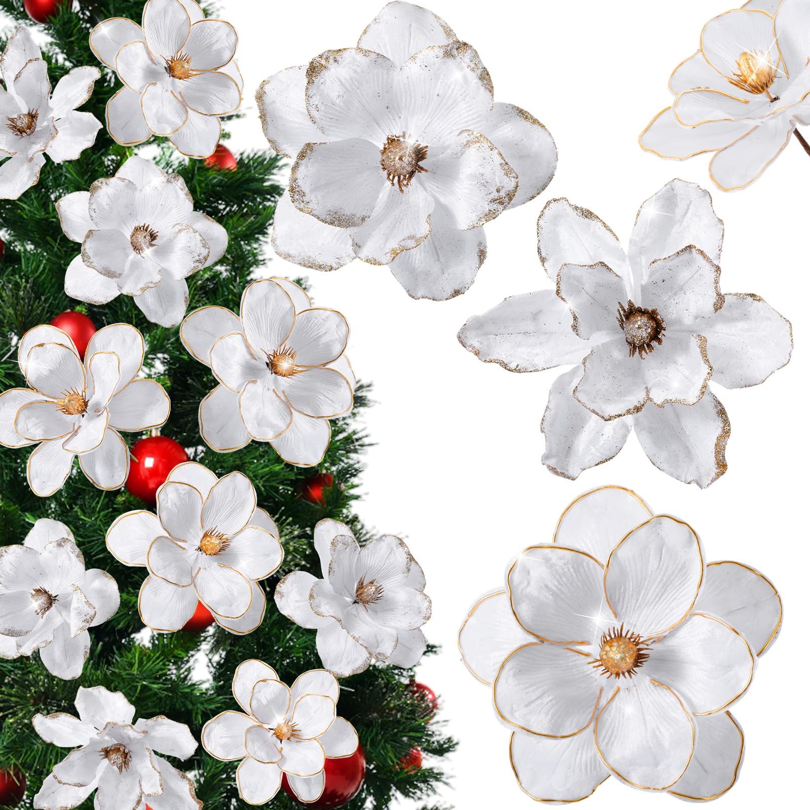 12 Pcs 9 Inch Large Velvet Christmas Magnolia Flower White Artificial Decor
