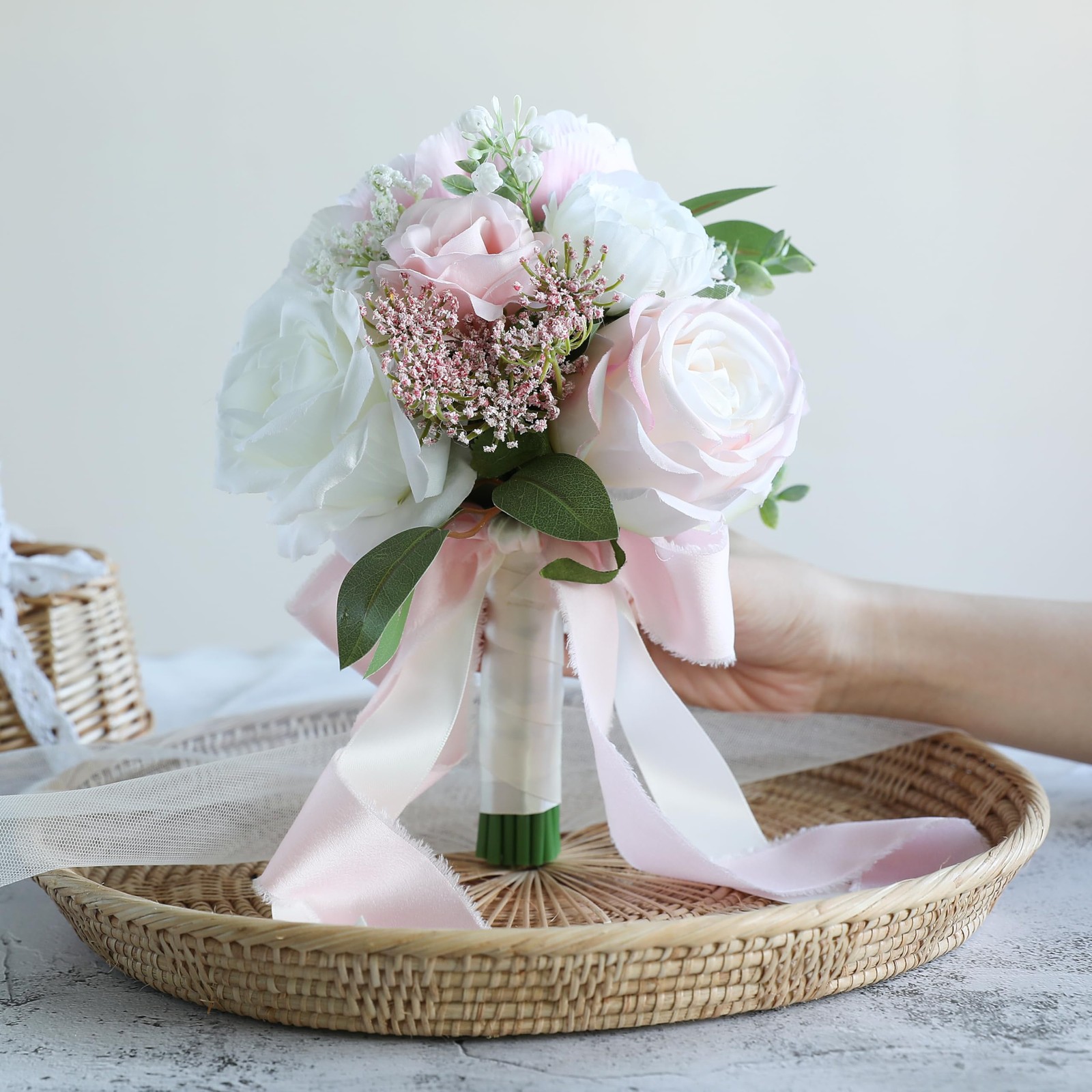 Blush Pink Wedding Bouquets Bride Bridesmaid Ivory Artificial Roses Flowers