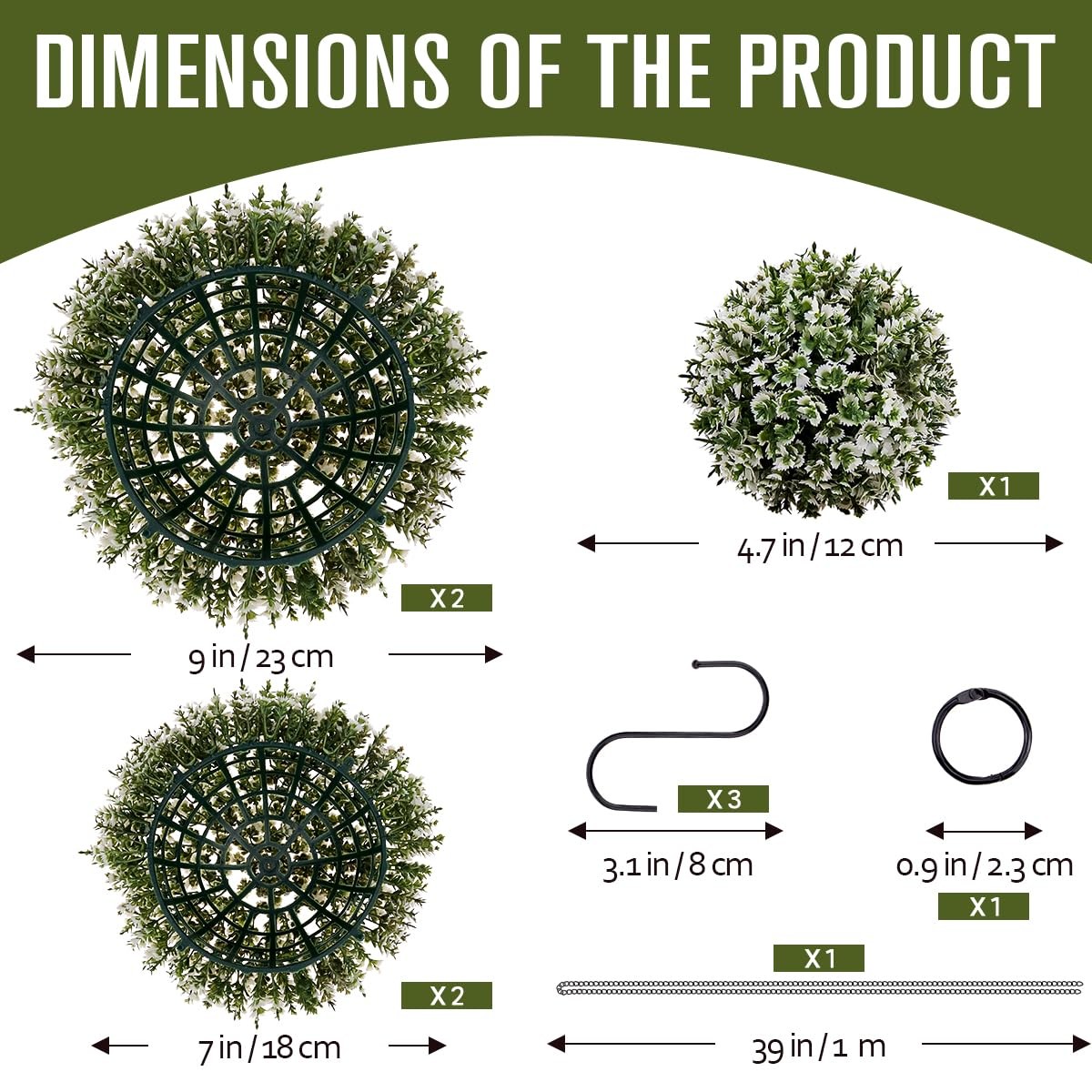 3 Pcs Artificial Boxwood Topiary Set – Mixed Size (9″, 7″, 4.7″) White-Edged …