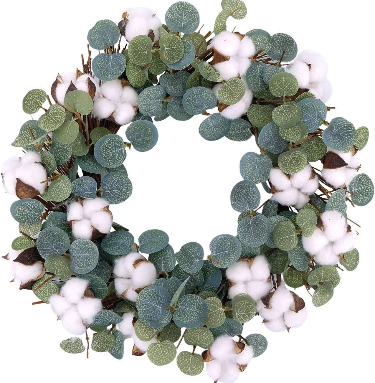 Eucalyptus and Cotton Wreath, 14 Inches Artificial Wreath on a Natural Twig Base