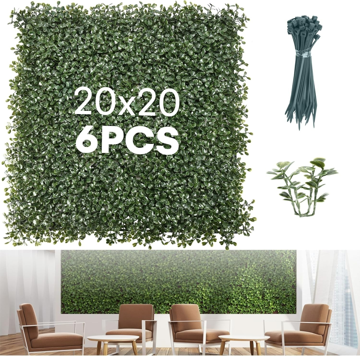 DIY-Friendly Greenery Wall Panels 20”x20” – 6 Pack with Accessories Included