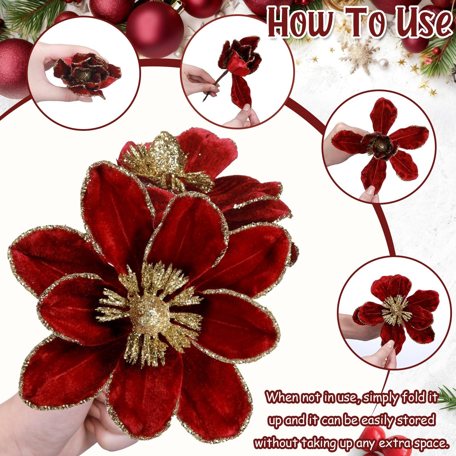 18 PCS 5.9 Inch Christmas Magnolia Flower Artificial Glitter Velvet Wine Red