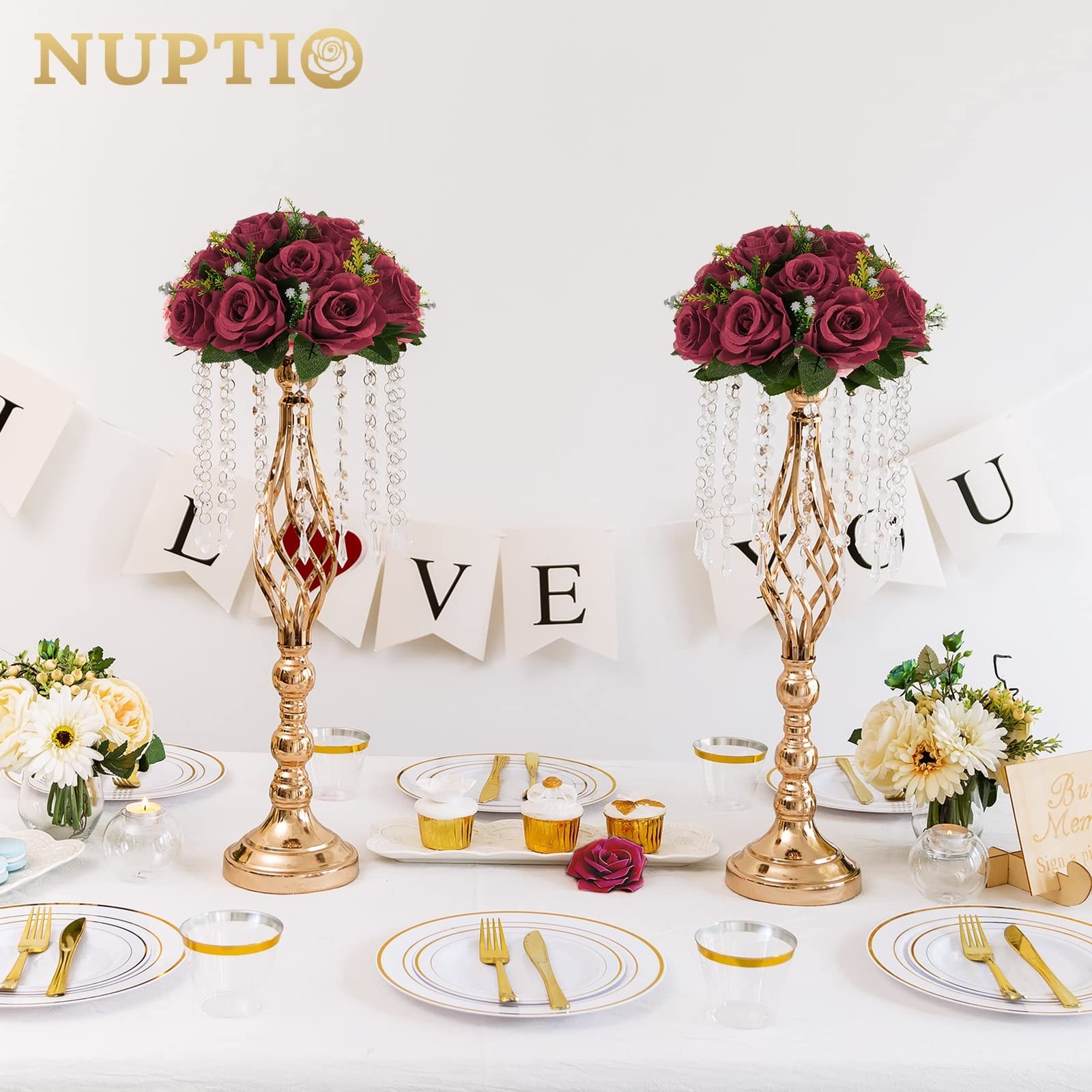 NUPTIO Flower Ball Arrangement Bouquet – 6 Pcs 9.5 inch Diameter Burgundy Fak…