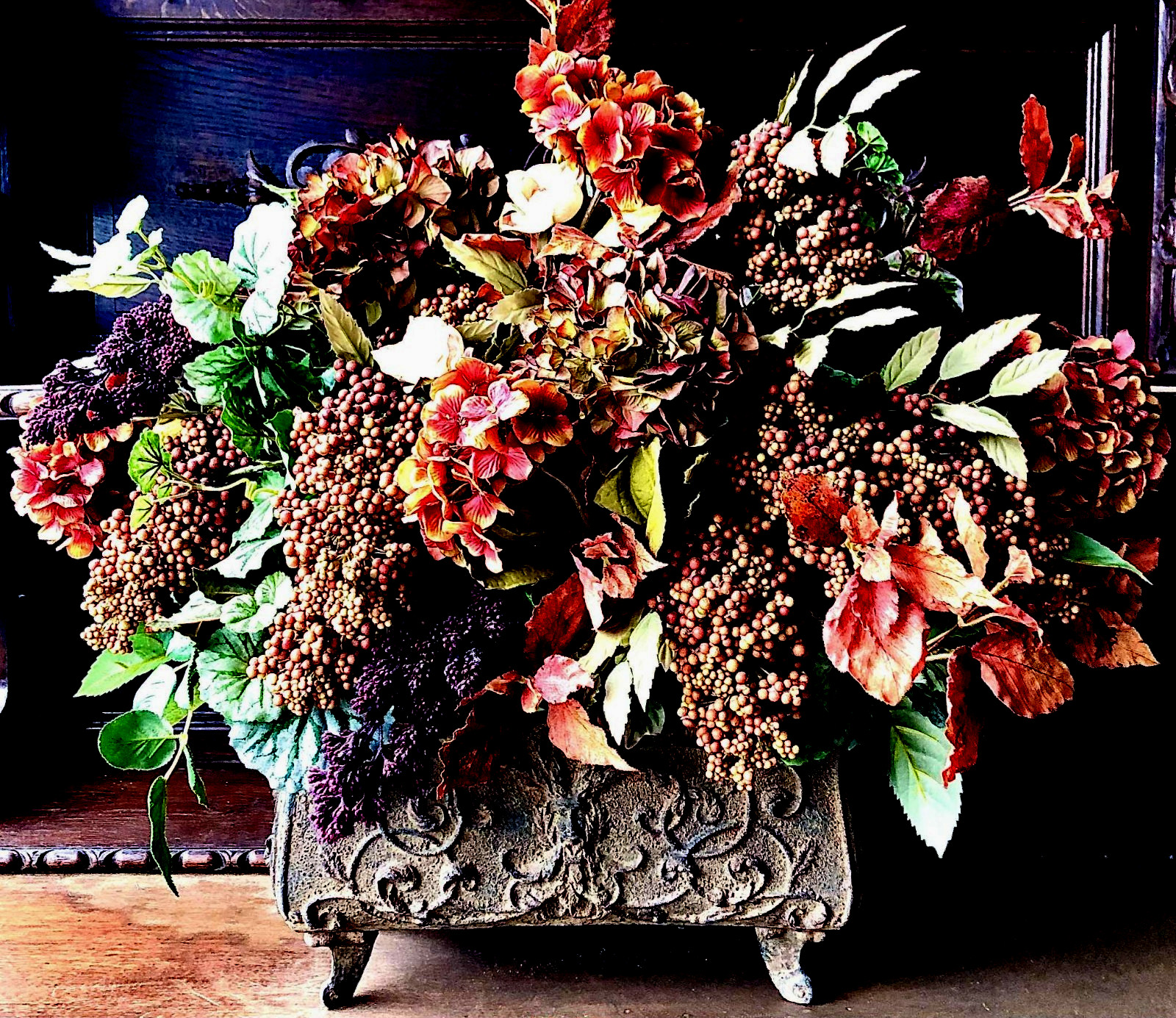 Designer Centerpiece Floral Arrangement Ornate Rectangle Footed Container 30×26″