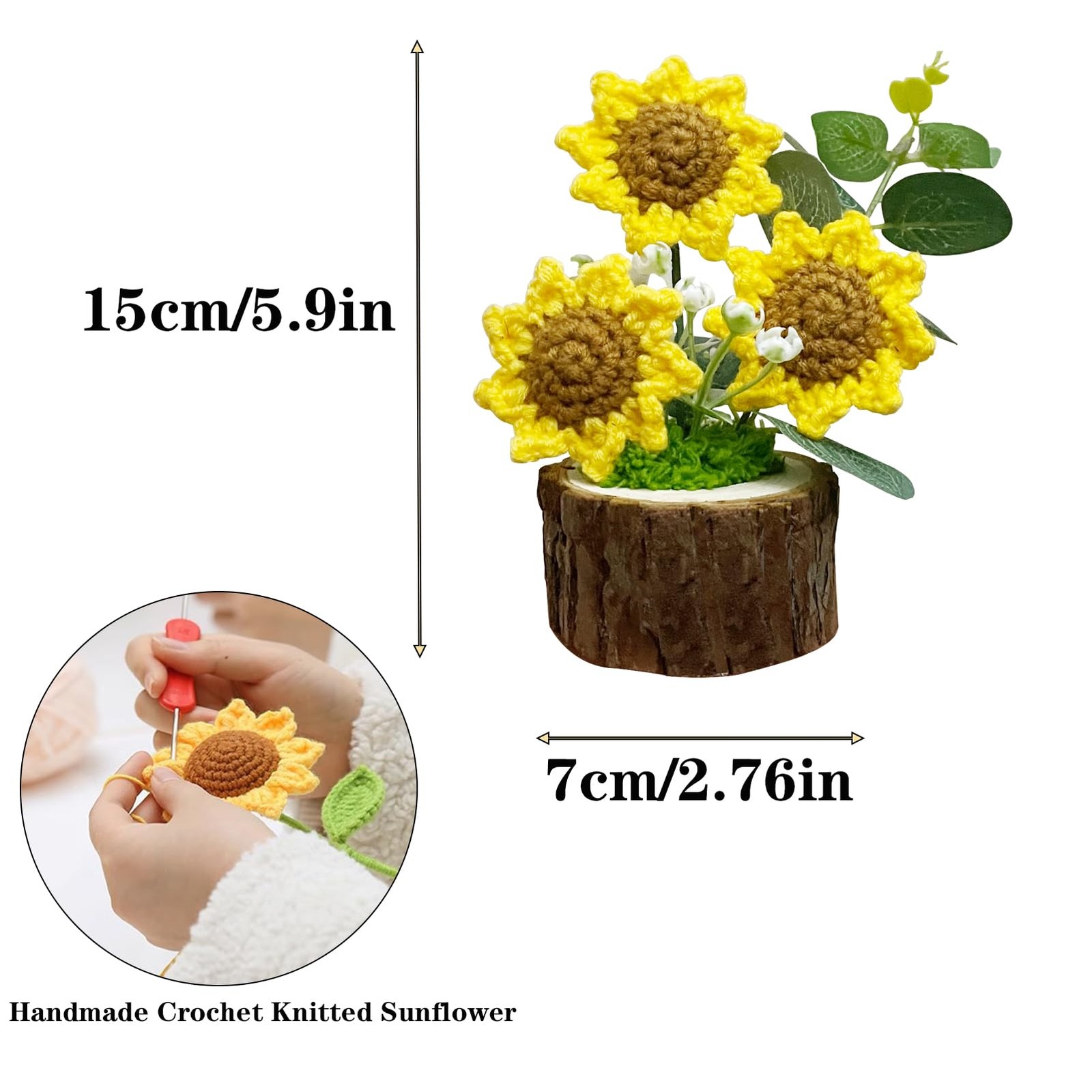 Handmade Crochet Sunflower Flower Potted Plants–Knitted Floral Decor for Offi…