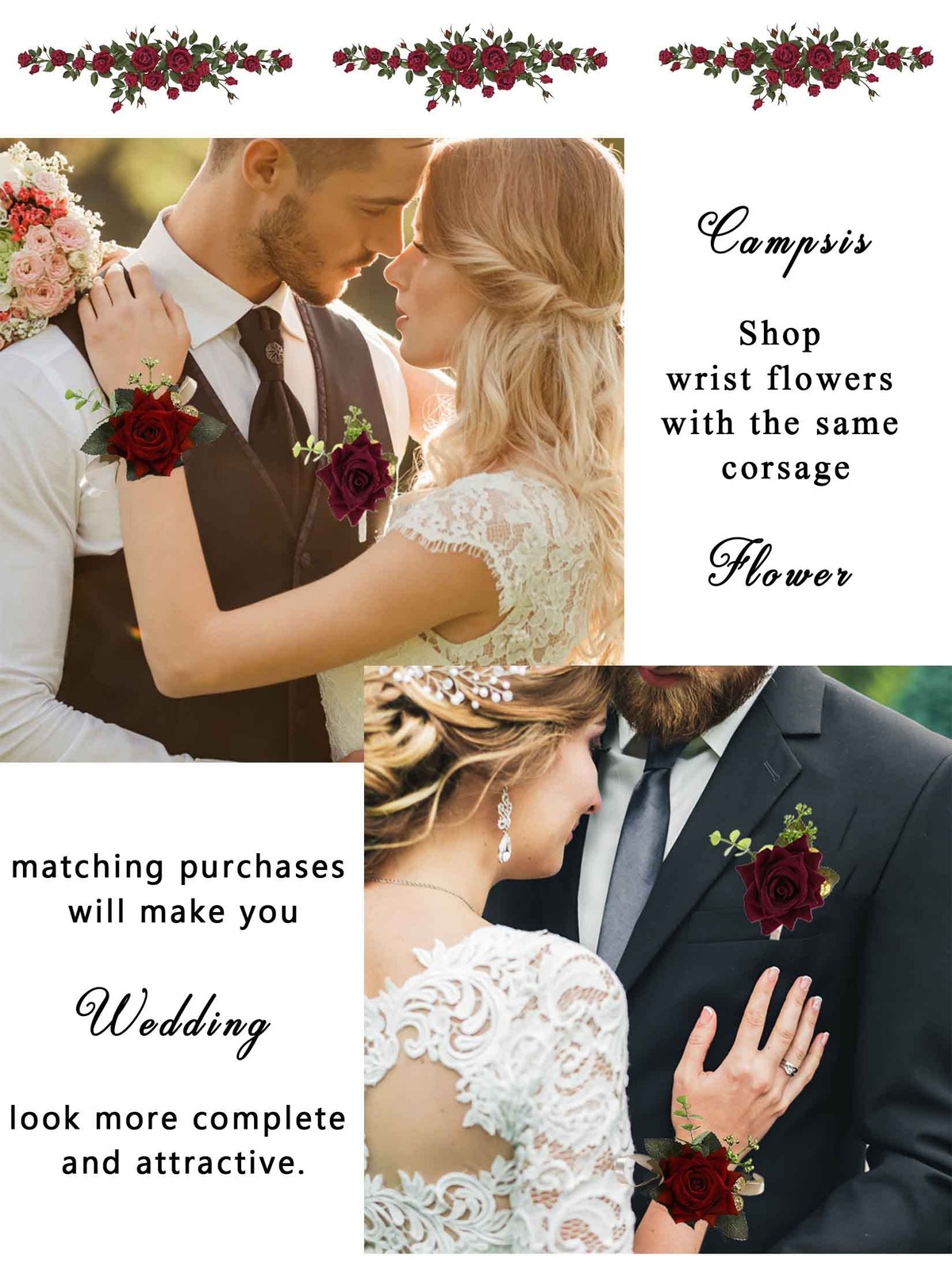Red Rose Wrist Corsage Gold-Accented Artificial Flowers with Satin Ribbon Wed…