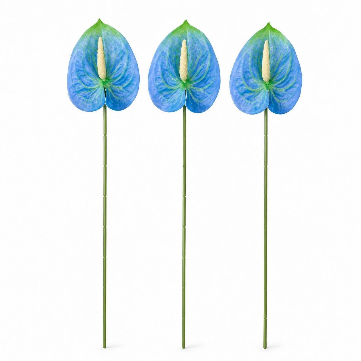 Blue Green Artificial Anthurium Stems Set of 3, 24 Inch Real Touch Tropical Flow