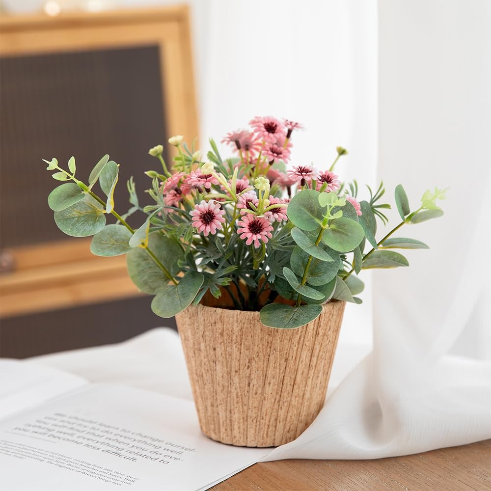 9 Inch Fake Pink Flowers Plants Artificial Daisy in Yellow Plastic Pot Decor